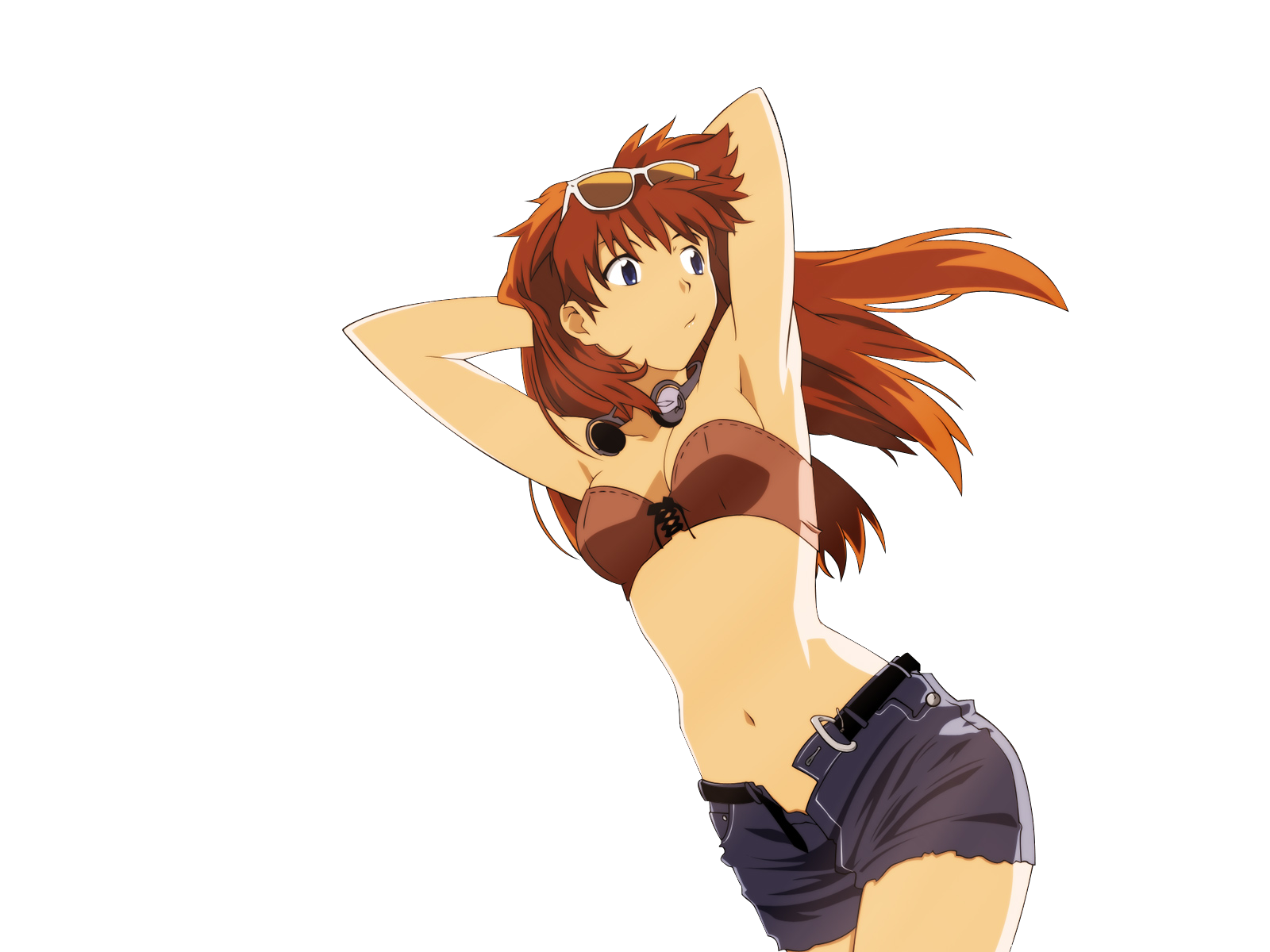 Anime 1600x1200 Asuka Langley Soryu Neon Genesis Evangelion redhead jean shorts bare midriff anime girls anime transparent background