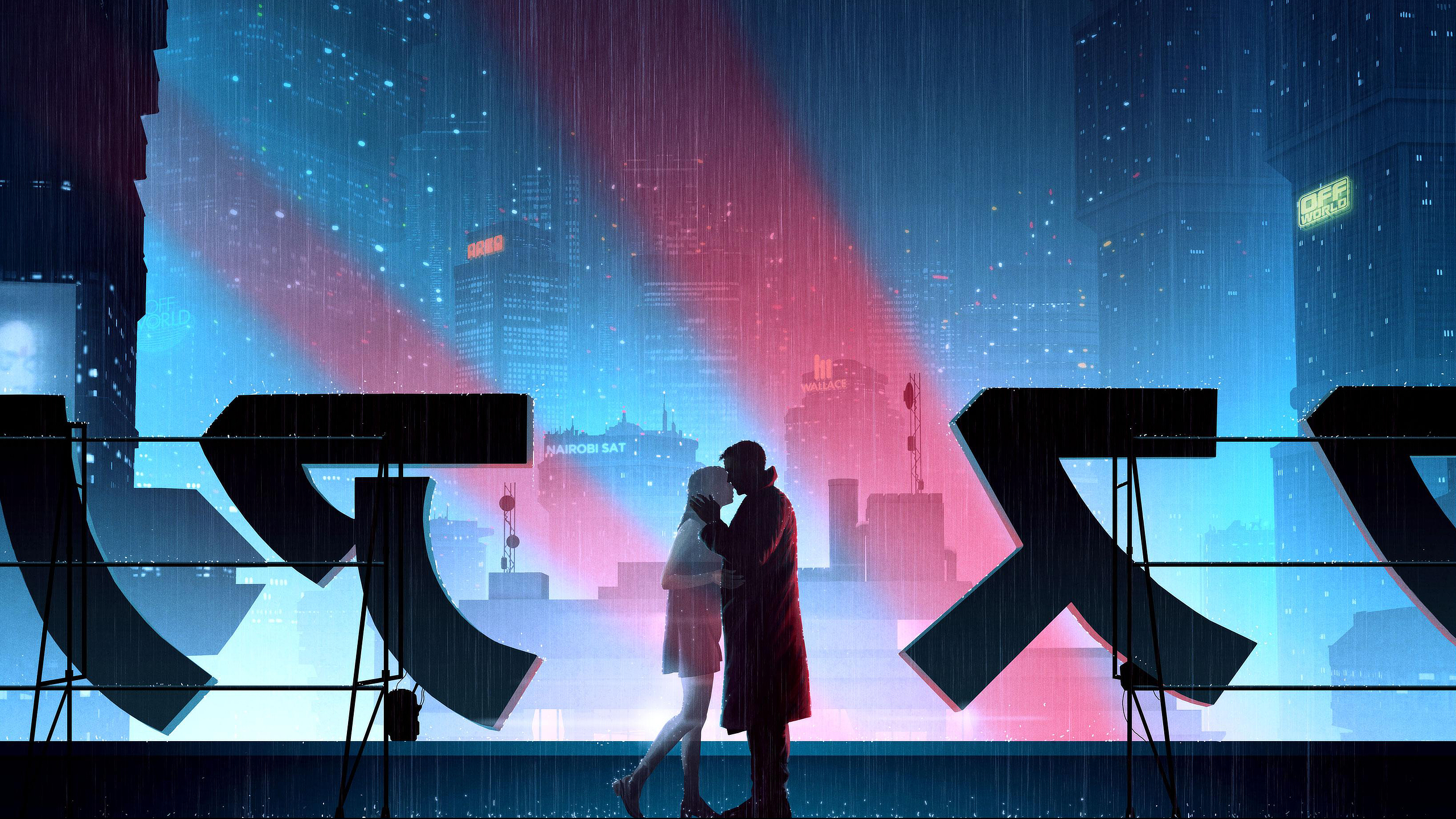 General 2560x1440 Blade Runner Blade Runner 2049 Joi Officer K cyberpunk blue Japanese city rain kissing Los Angeles love digital art