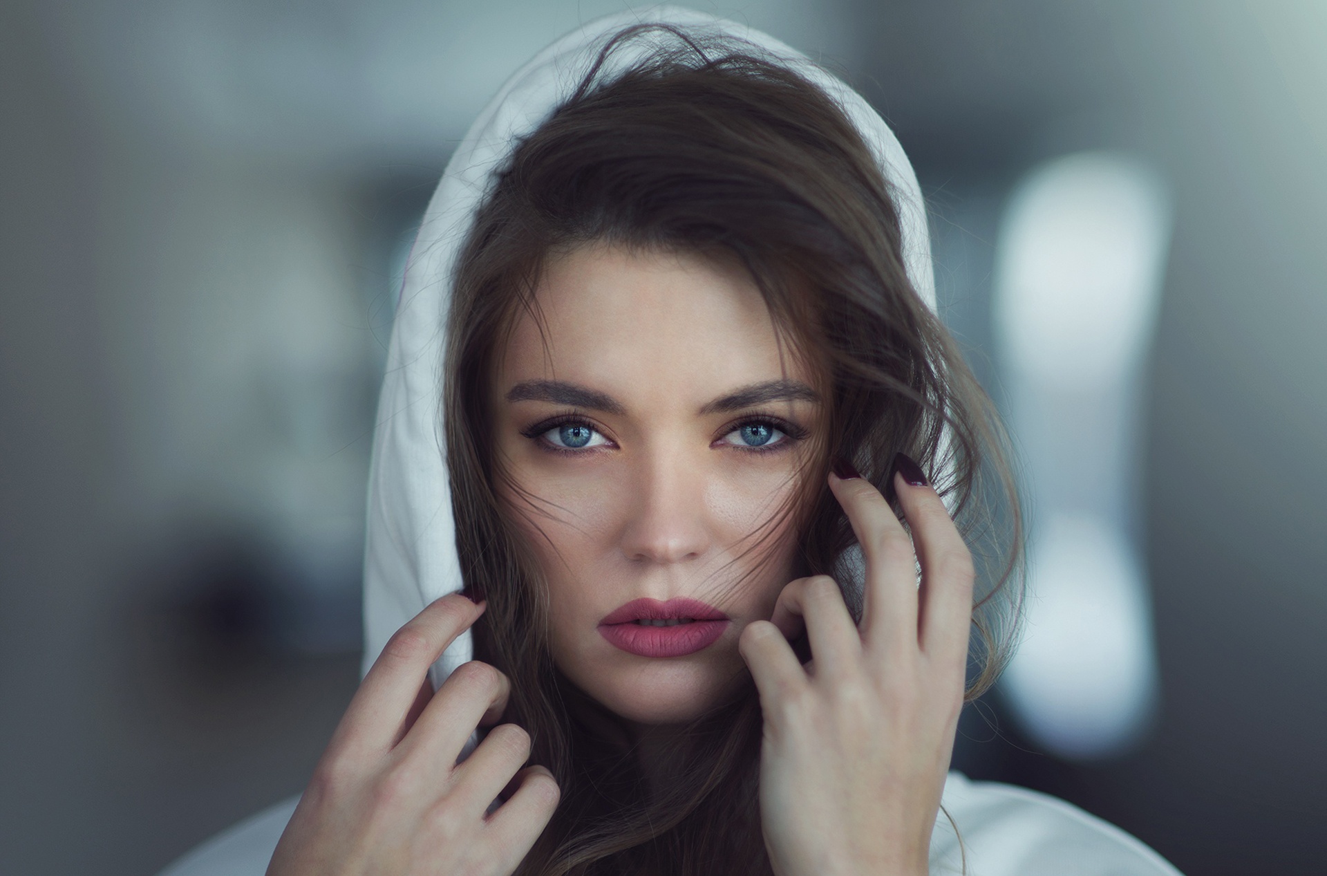 People 1920x1267 model portrait brunette face women hands hoods white clothing makeup lipstick looking at viewer gray eyes painted nails