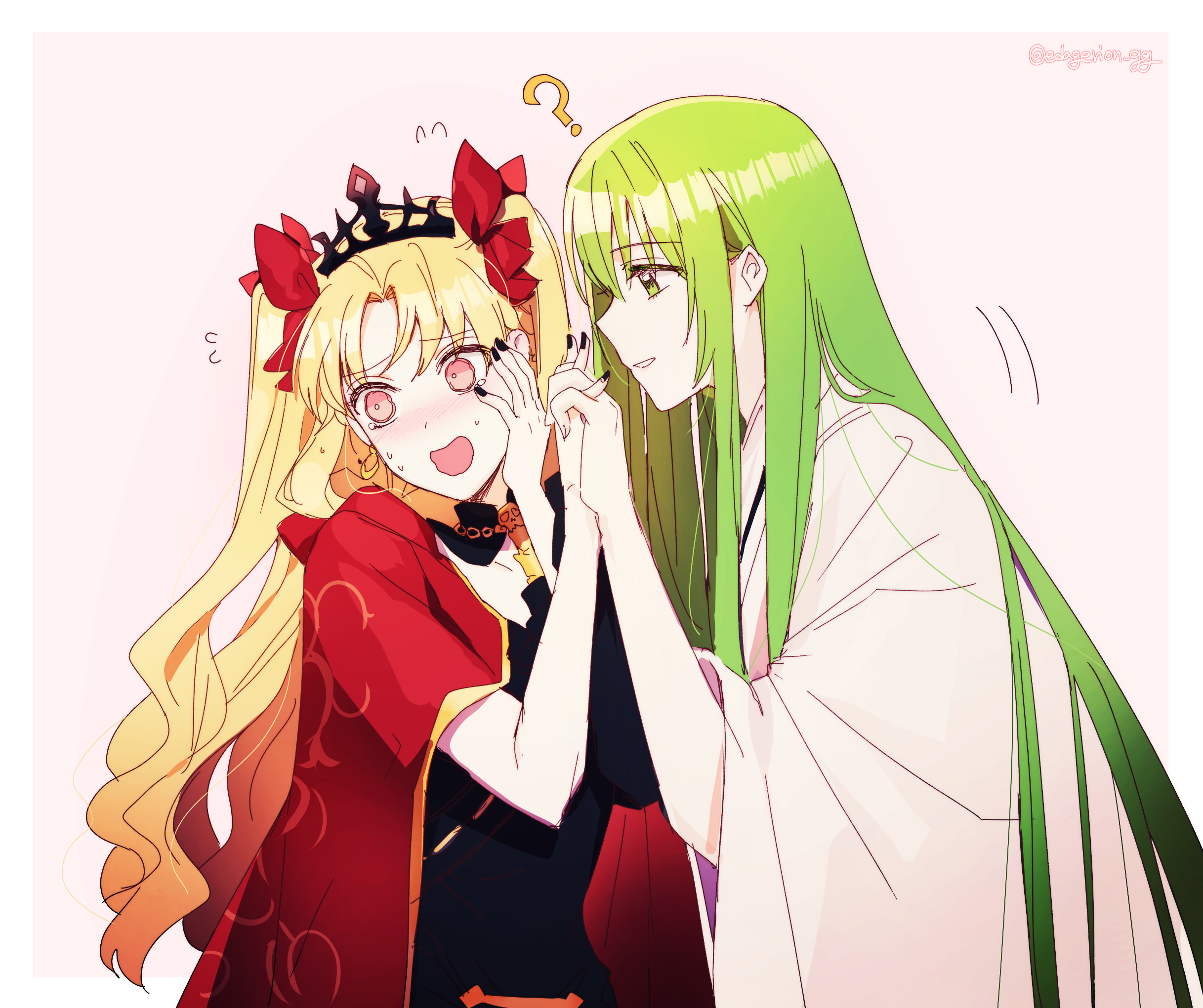 Anime 2435x2041 Fate series Fate/Grand Order anime boys anime girls long hair 2D twintails blushing embarrassed crown smiling open mouth hand on face Enkidu (FGO) Ereshkigal (Fate/Grand Order) red eyes green eyes green hair simple background fan art black nails anime red ribbon blonde