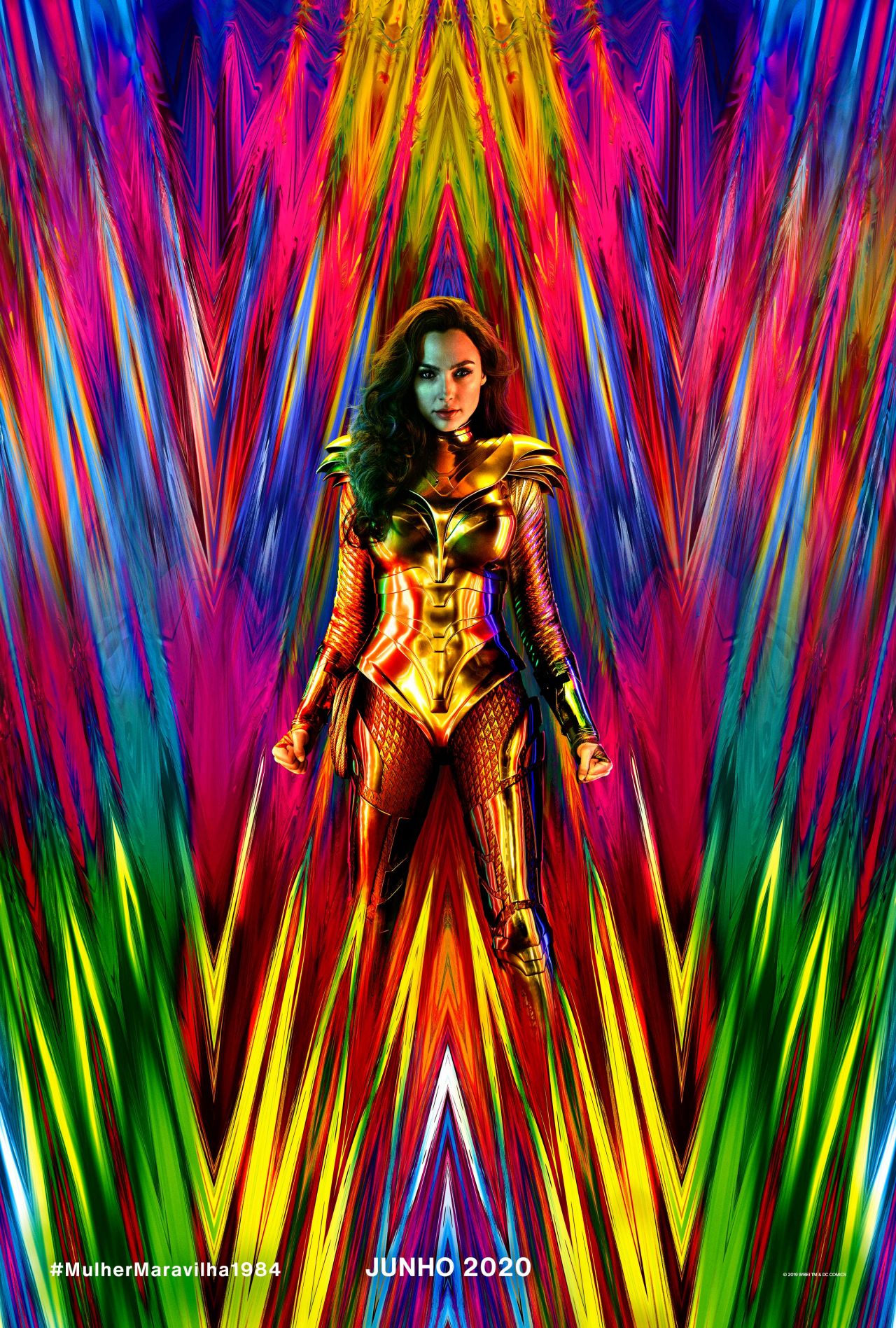 People 1280x1897 women actress brunette long hair Wonder Woman movie poster colorful armor gold Israeli model standing figure-hugging armor frontal view