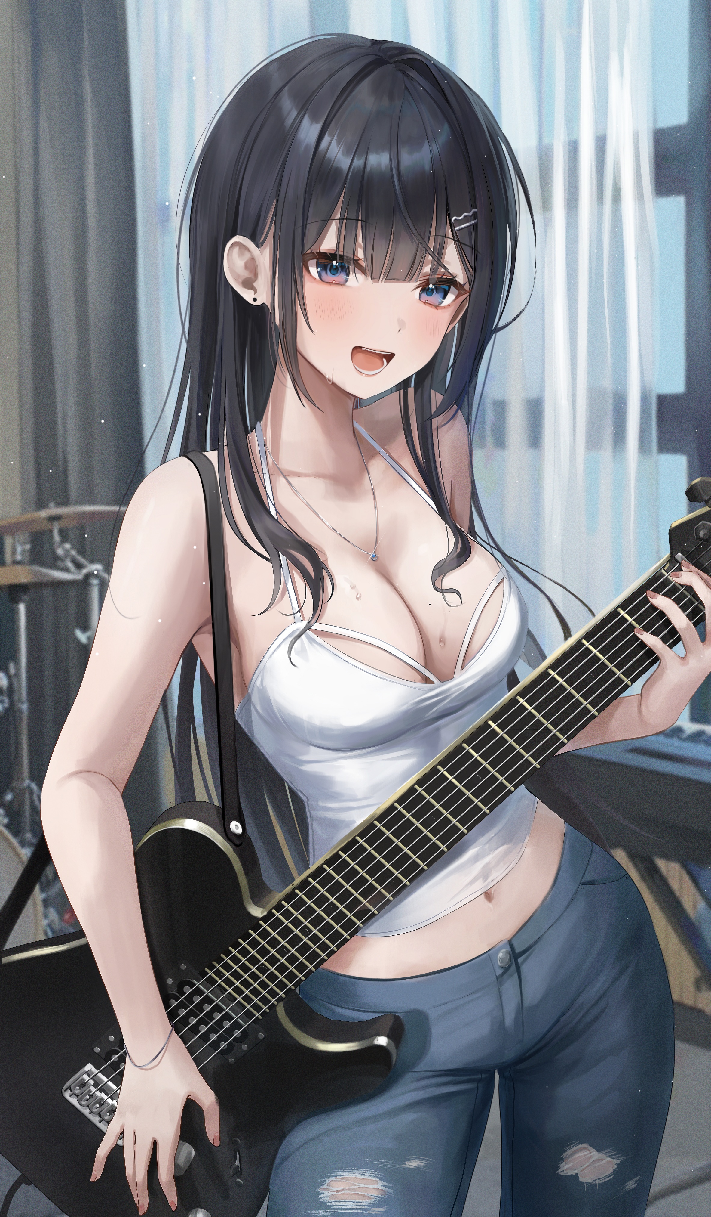 Anime 2365x4044 anime anime girls guitar cleavage artwork Myowa portrait display blushing open mouth long hair indoors women indoors bass guitars big boobs belly button collarbone bare shoulders straps hair ornament bangs musical instrument piano torn jeans jeans no bra