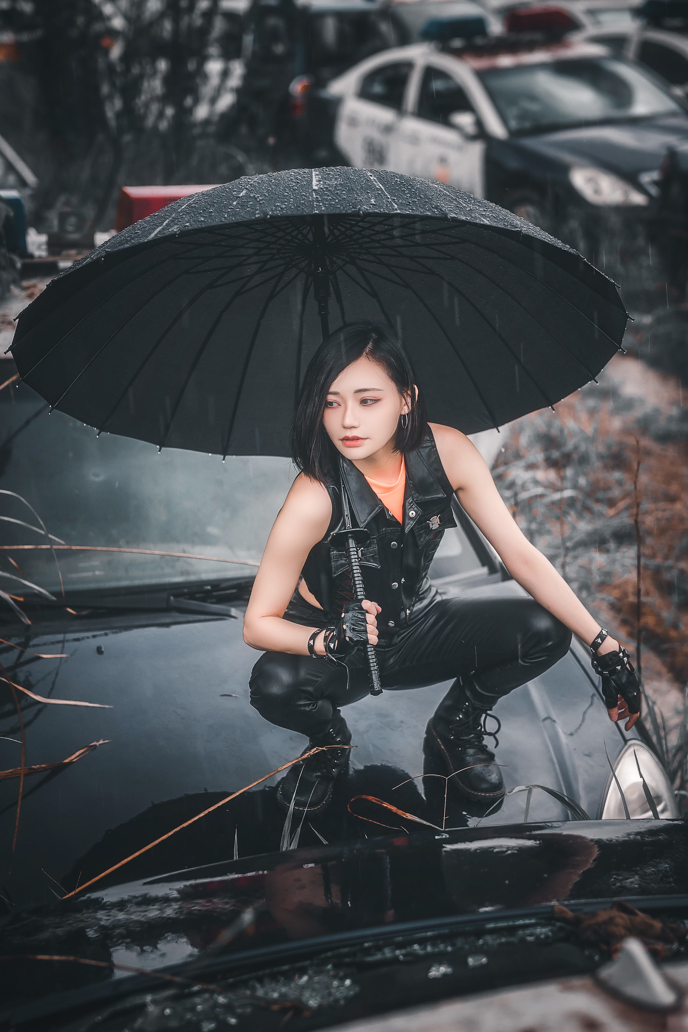 People 1365x2047 Asian women model junkyard umbrella women with umbrella car vehicle car wreck squatting black hair red lipstick women outdoors looking away