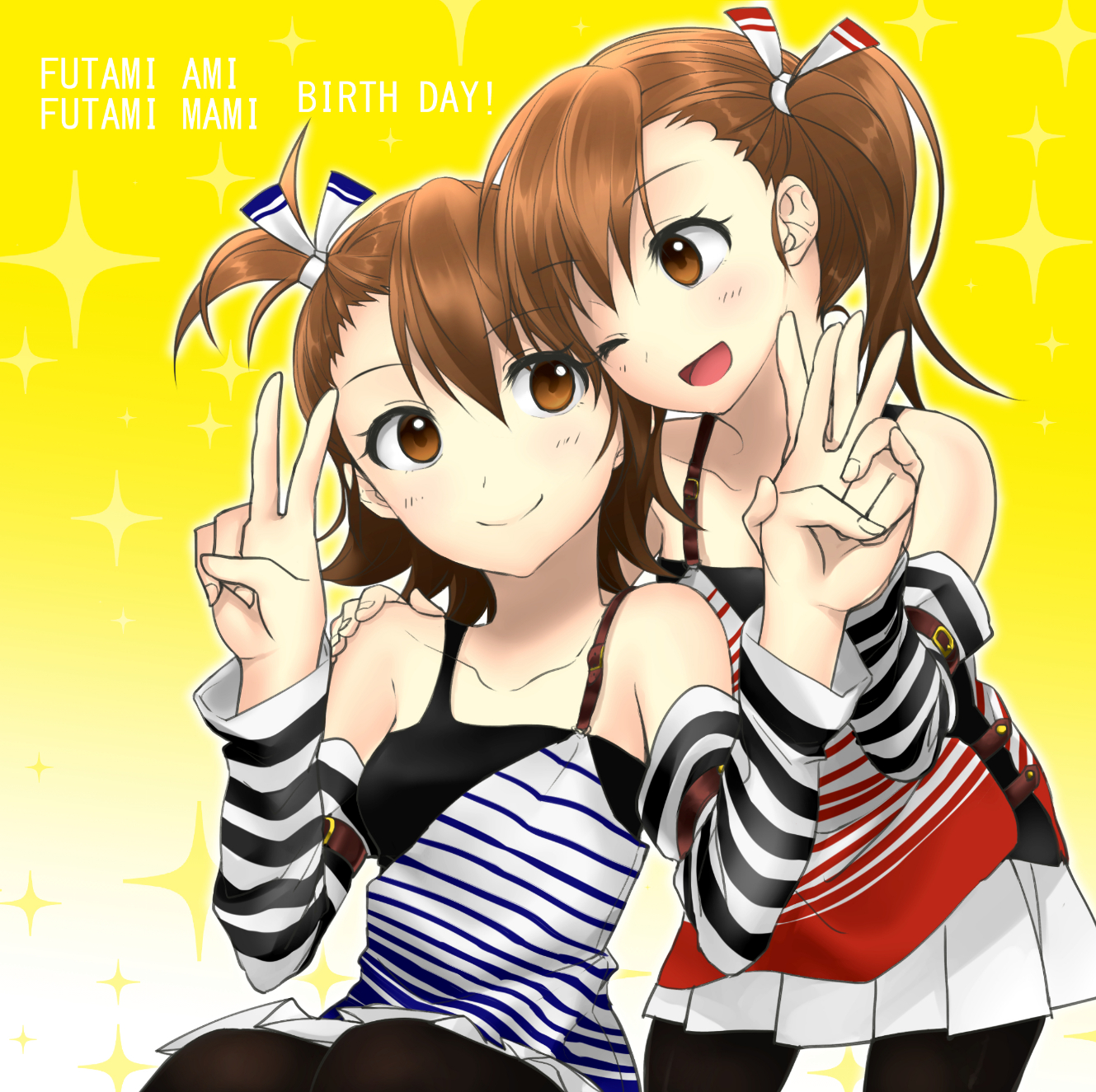 Anime 1329x1325 anime anime girls THE iDOLM@STER Futami Ami Futami Mami long sleeves brunette twins two women artwork digital art fan art