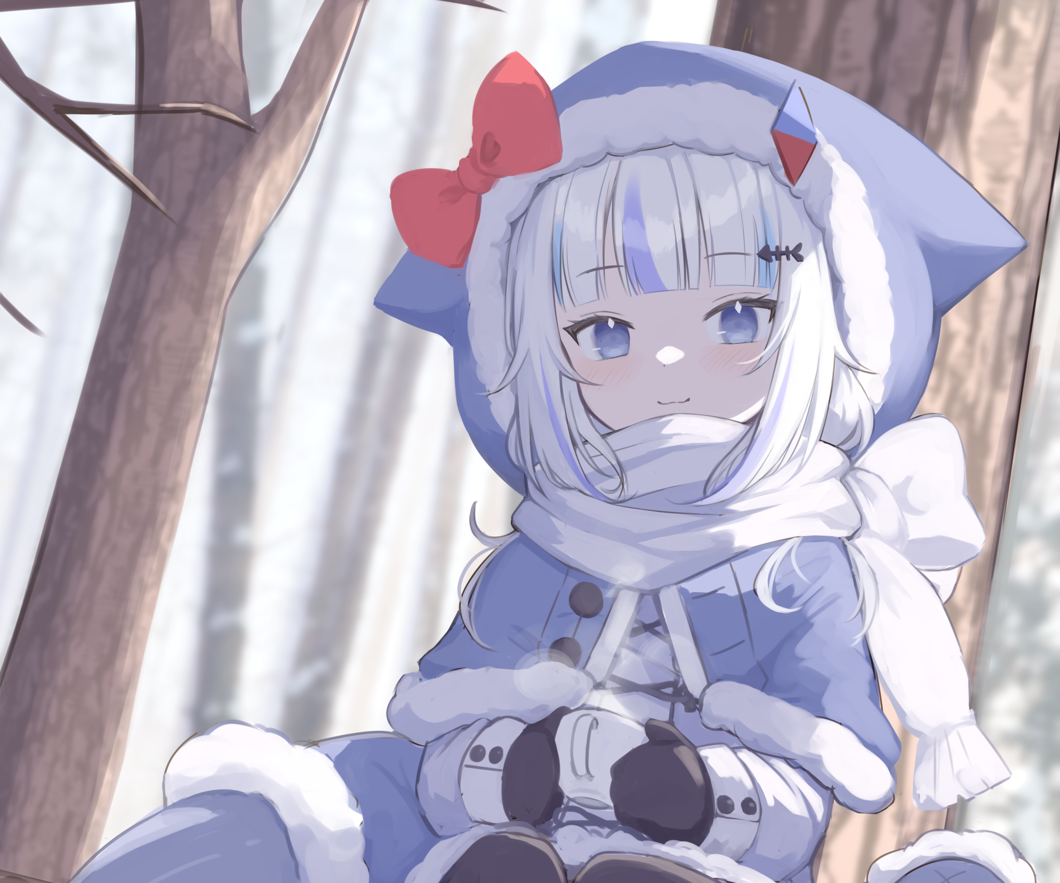 Anime 3510x2925 Virtual Youtuber Gawr Gura white hair blue eyes looking at viewer smiling forest scarf Hololive