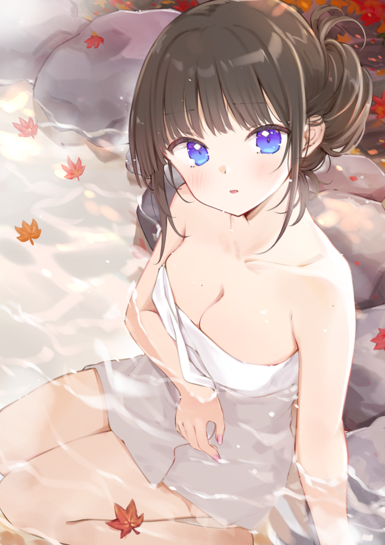 Anime 1300x1839 anime girls boobs in water blue eyes brunette towel hot spring fall cleavage Maigoyaki