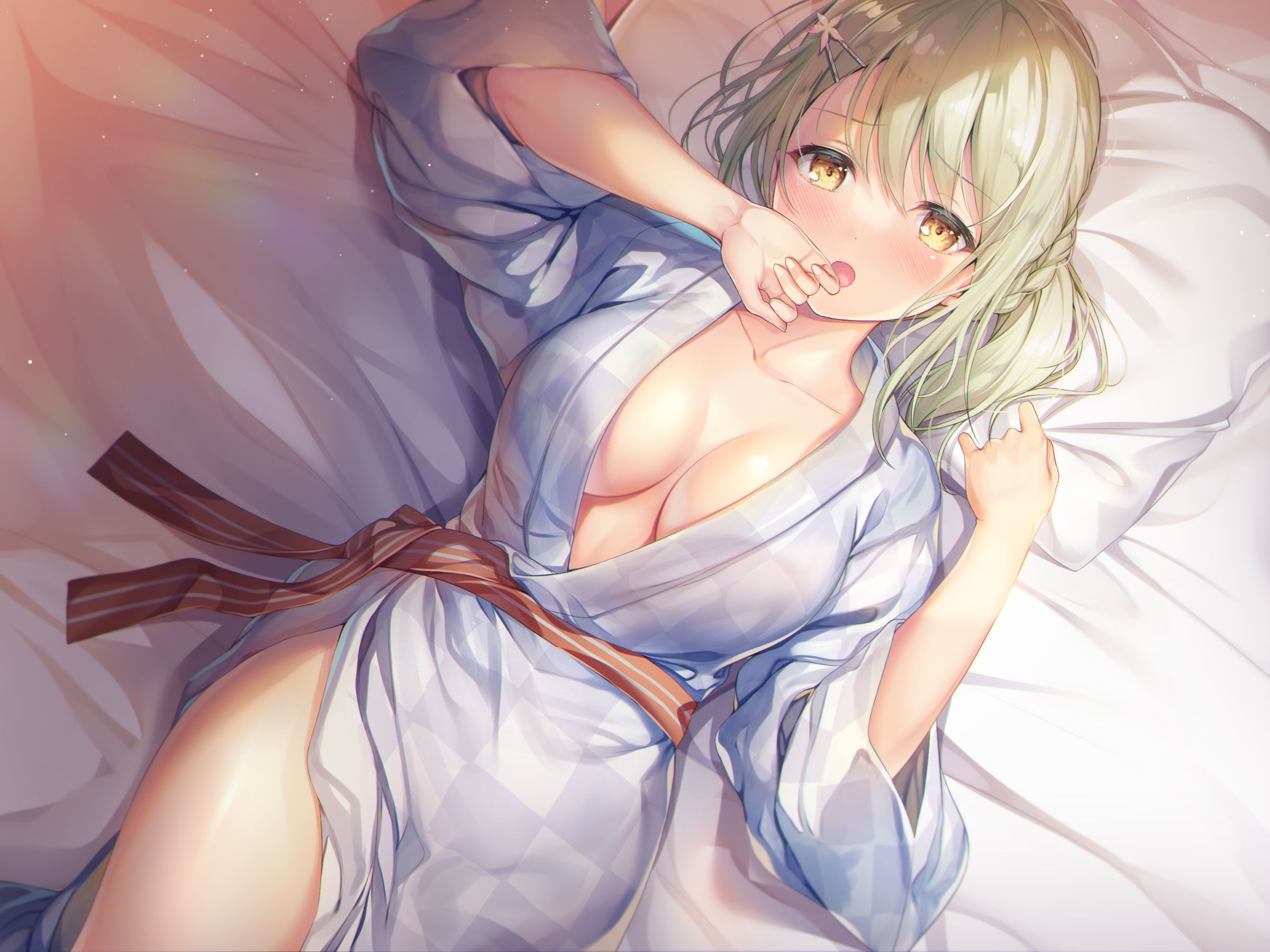 big boobs, cleavage, lying on back, in bed, Nametakenokonbu, anime girls,  no bra, Japanese clothes, blushing