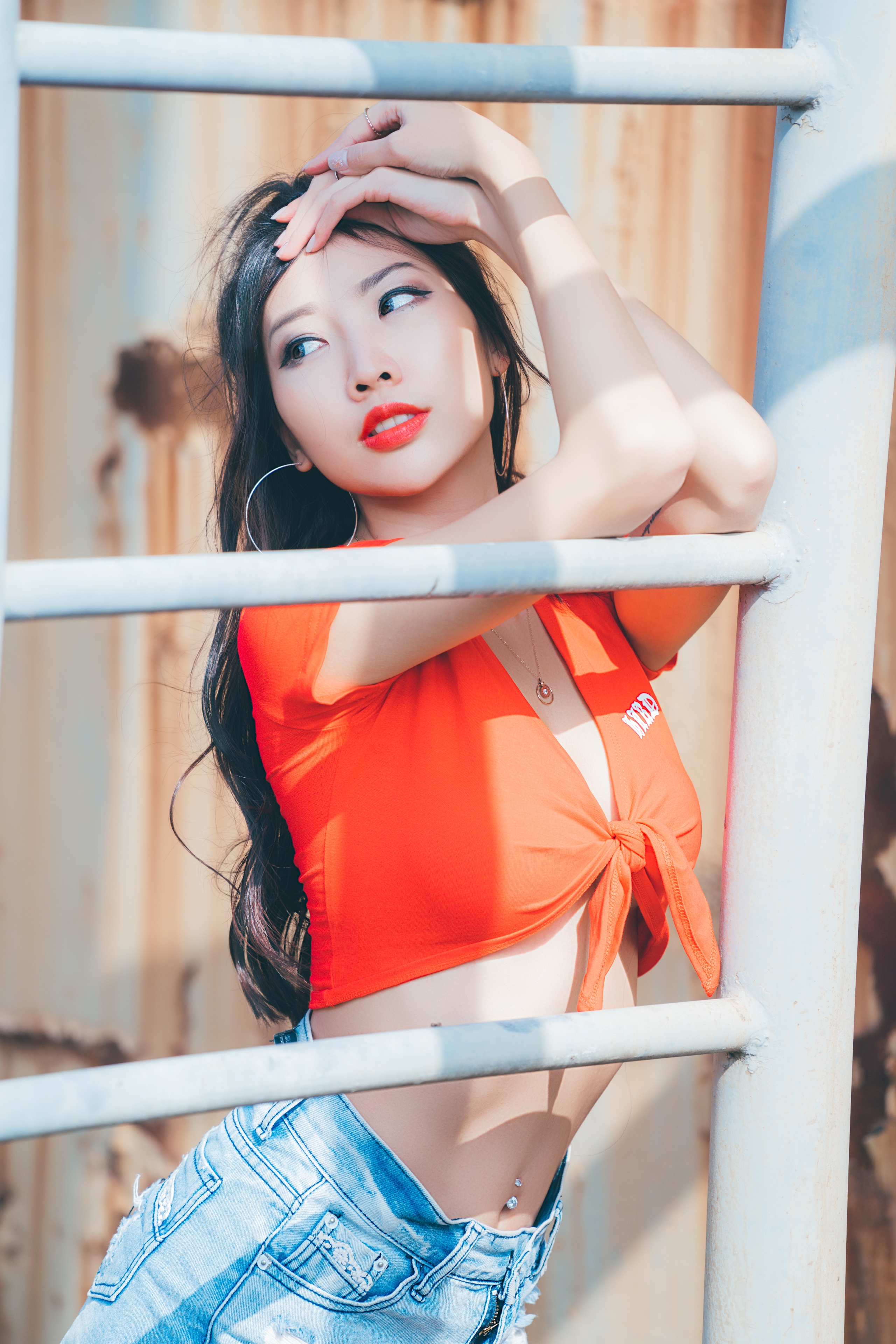 People 2560x3840 Rainbow Alice women model Asian brunette tied top red tops cleavage jean shorts short shorts belly pierced navel portrait display parted lips red lipstick outdoors women outdoors