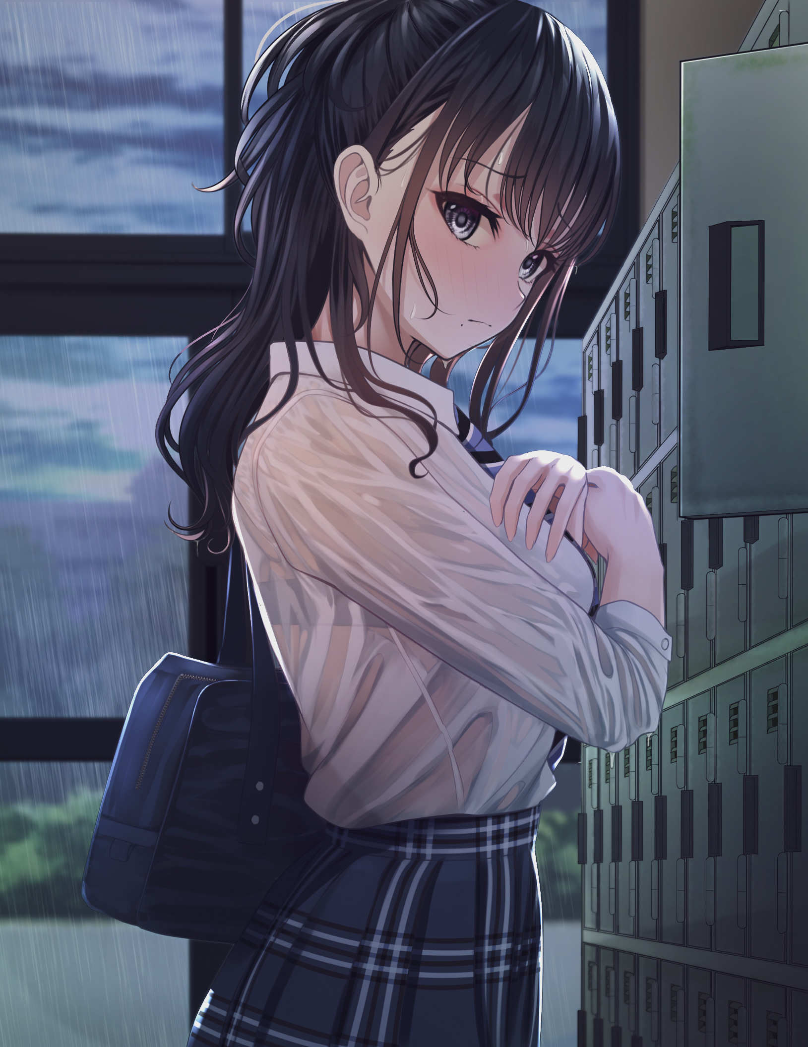 Anime 1629x2111 anime anime girls Turisasu artwork THE iDOLM@STER Kazano Hiori blushing dark hair dark eyes school uniform wet wet clothing
