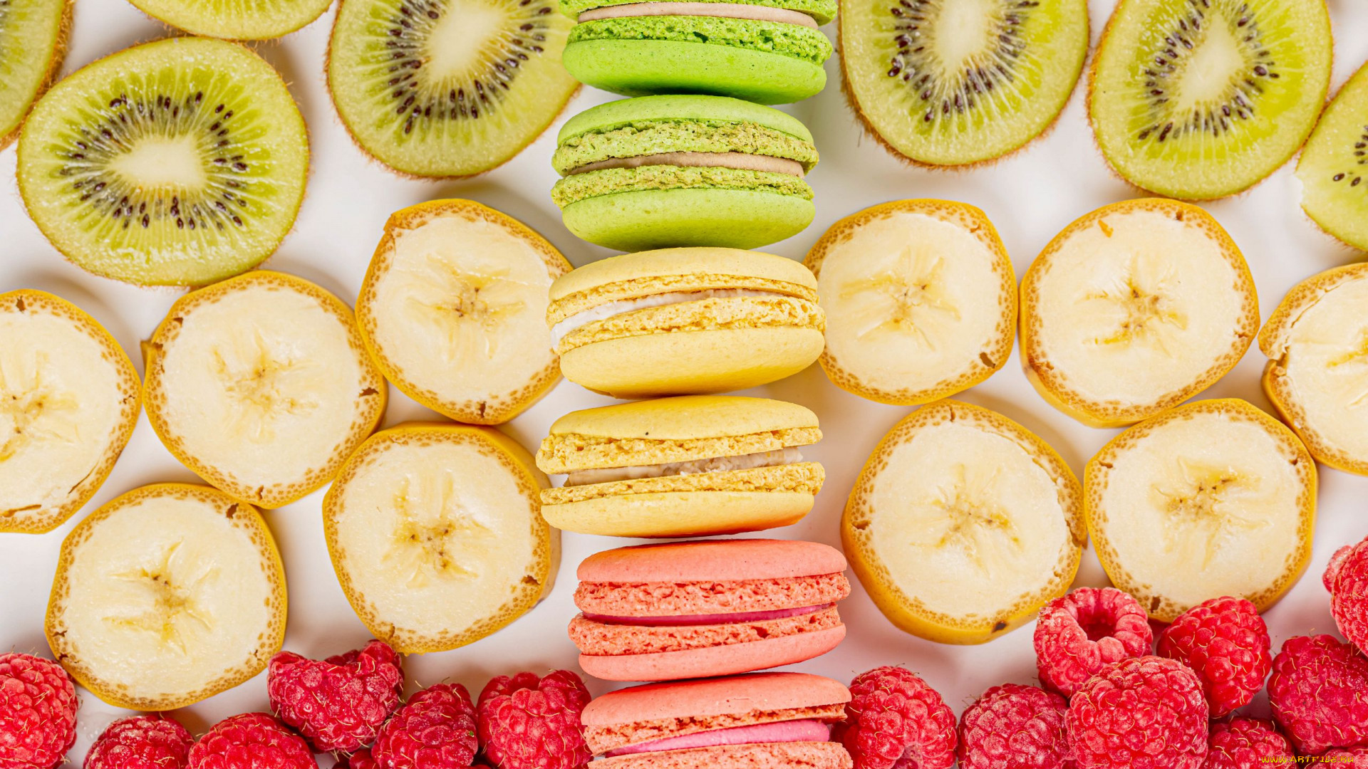 General 1920x1080 food fruit berries kiwi (fruit) sweets macarons raspberries bananas