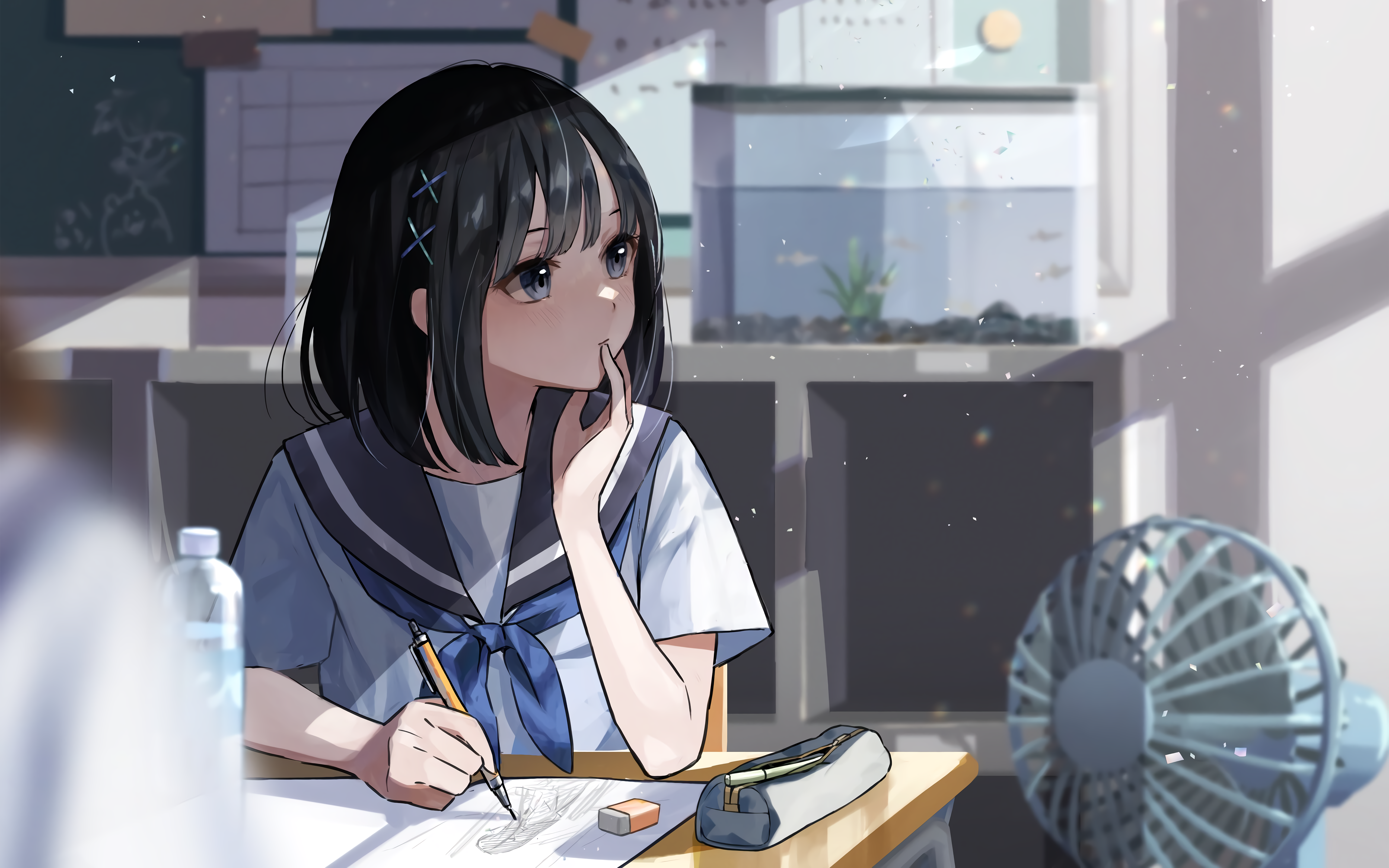 Anime 5120x3200 anime girls black hair bangs school uniform classroom