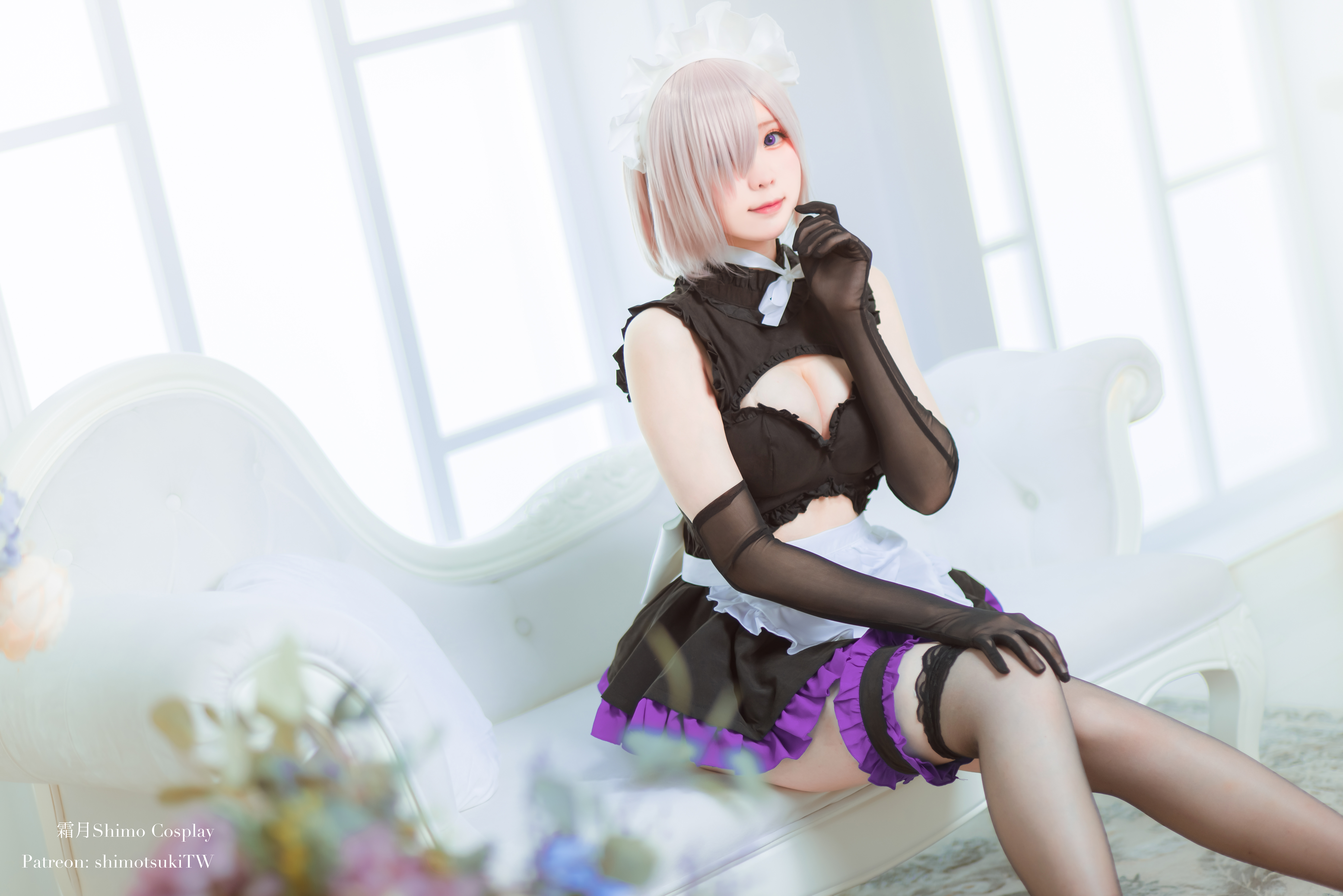 People 7360x4912 Shimo Cosplay women model Asian cosplay Mash Kyrielight Fate series Fate/Grand Order anime anime girls maid maid outfit dress stockings black stockings lace thigh strap cleavage sitting indoors women indoors