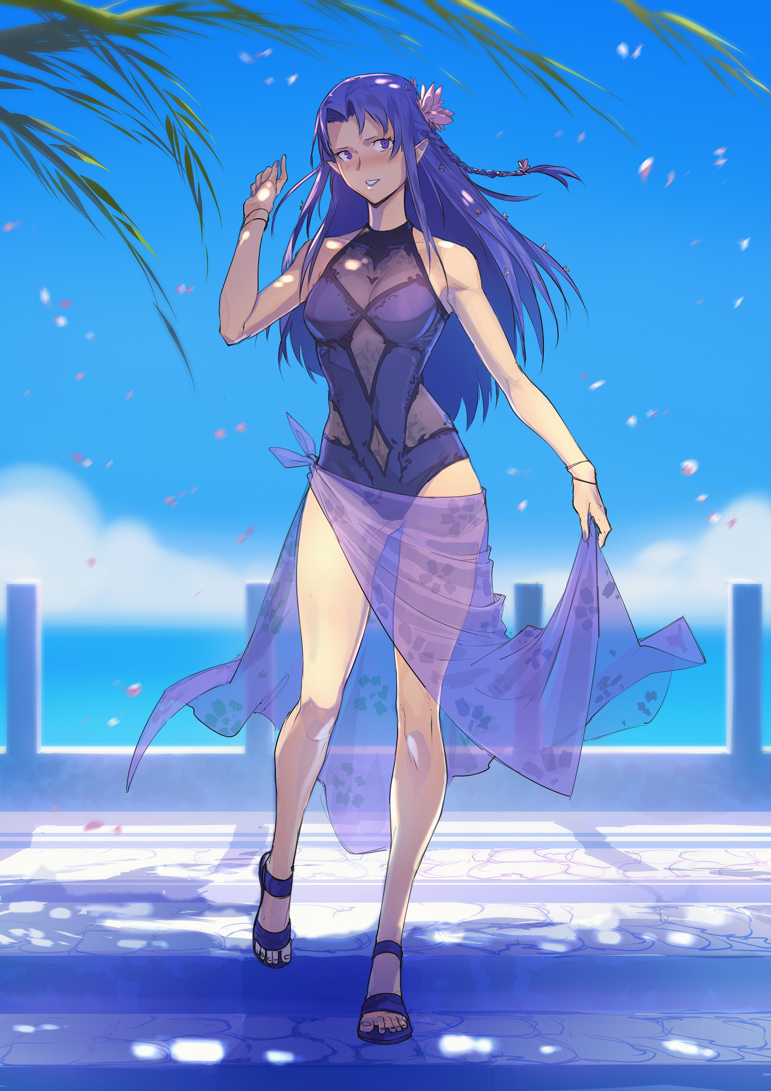 Anime 2480x3507 Fate series Fate/Stay Night Fate/Stay Night: Unlimited Blade Works thighs clear sky anime girls alternate costume 2D looking at viewer purple eyes flower in hair braids smiling parted lips women outdoors purple lipstick Caster (Fate/Stay Night) purple hair long hair bangs french braids sandals cleavage portrait display anime fan art