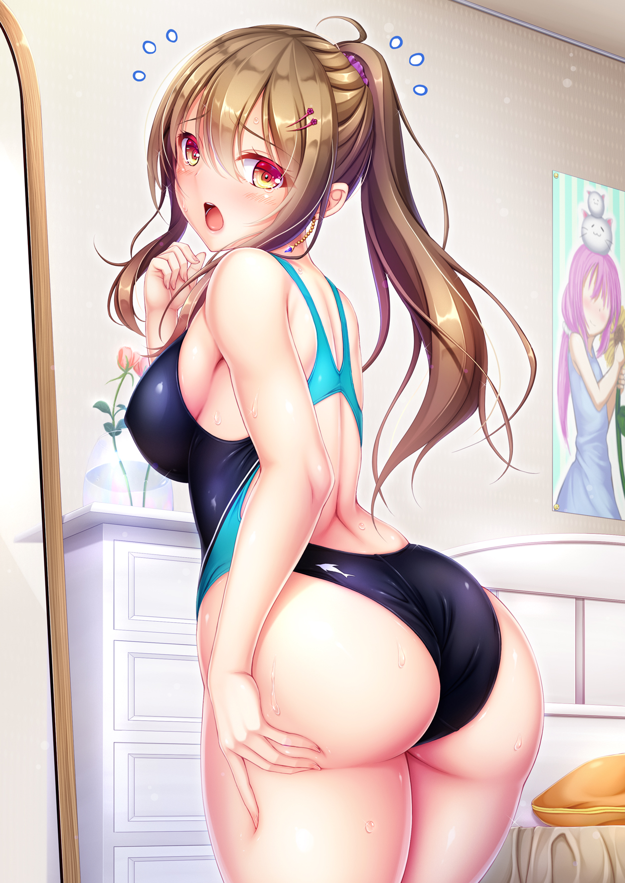Anime 1254x1771 anime anime girls boobs one-piece swimsuit ass tears sweat embarrassed blushing ponytail brunette Hiro (artist) room