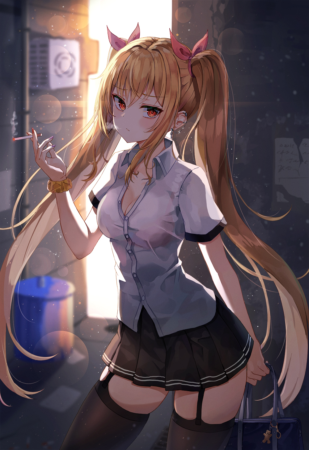 Anime 1000x1459 anime anime girls Lkeris smoking blonde twintails red eyes thigh-highs school uniform cleavage