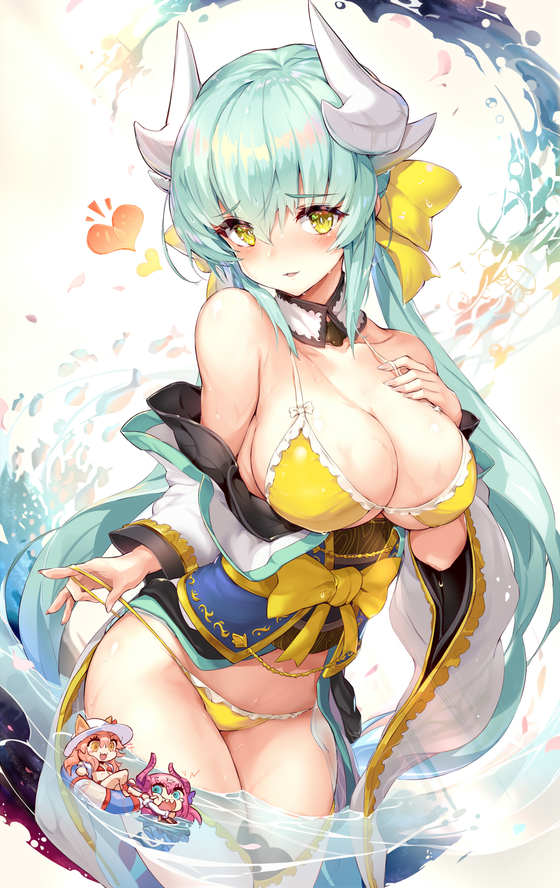 Anime 1100x1744 anime girls Fate series Fate/Grand Order Kiyohime (Fate/Grand Order) yellow bikini bikini cleavage open clothes horns Thyr