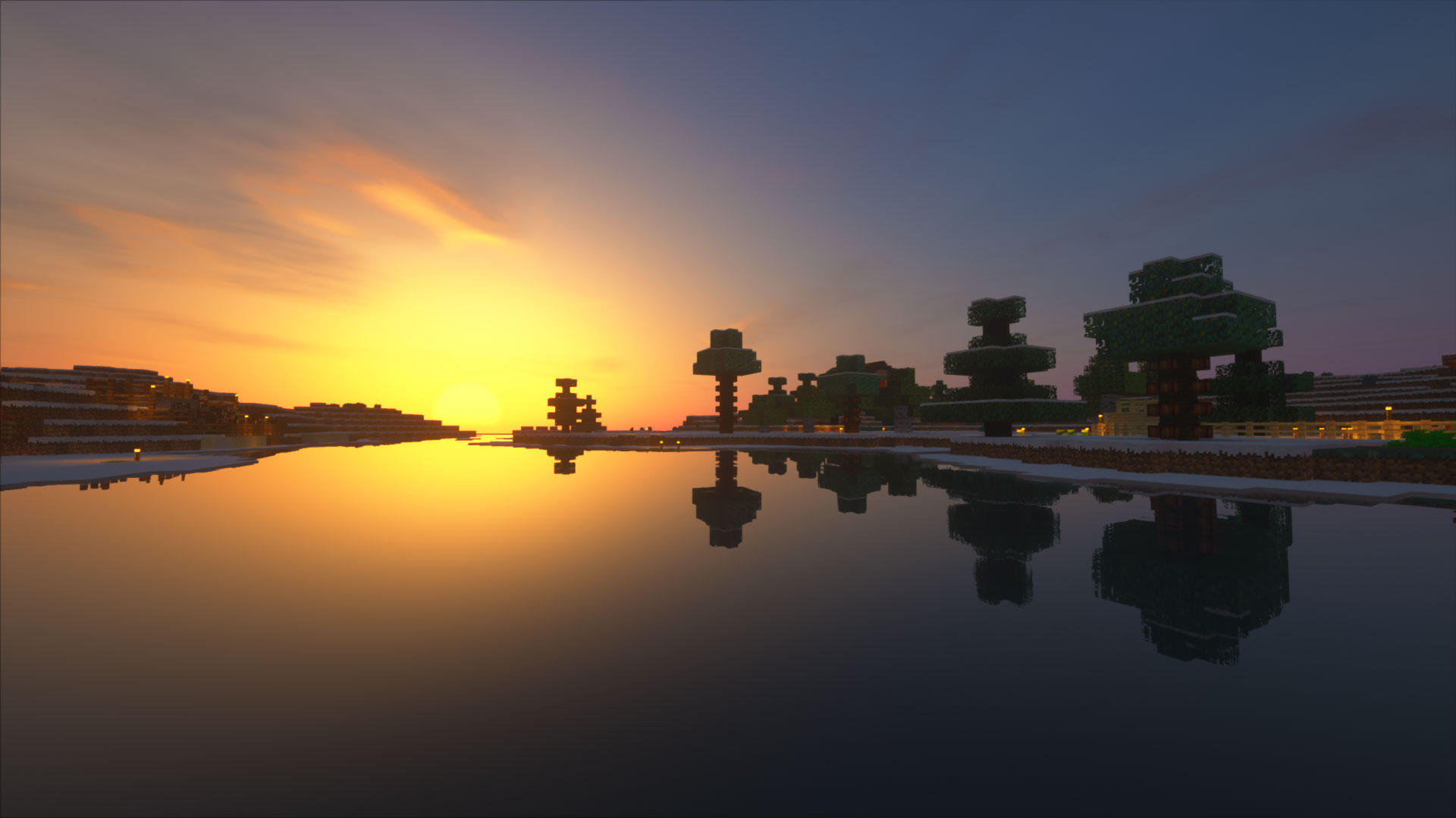 General 1920x1080 Minecraft Shader shaders sunset reflection snow video game landscape PC gaming video games screen shot