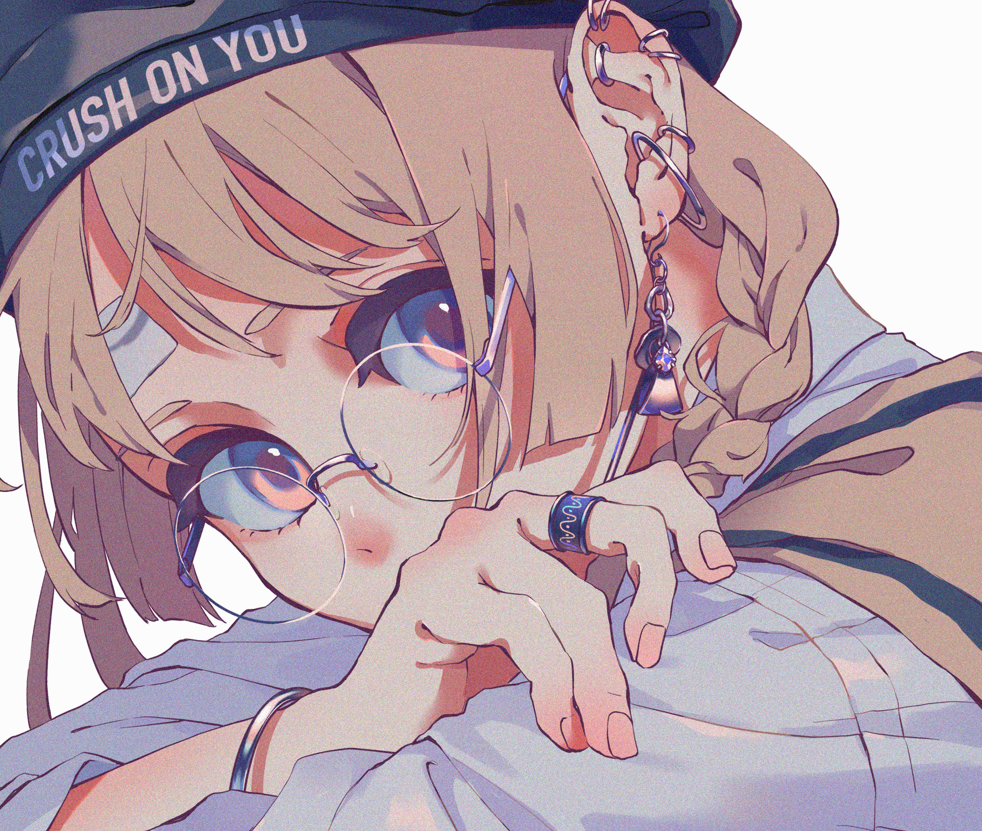 Anime 1998x1692 anime anime girls glasses earring piercing blue eyes rings wristband hat looking at viewer Ritao Kamo