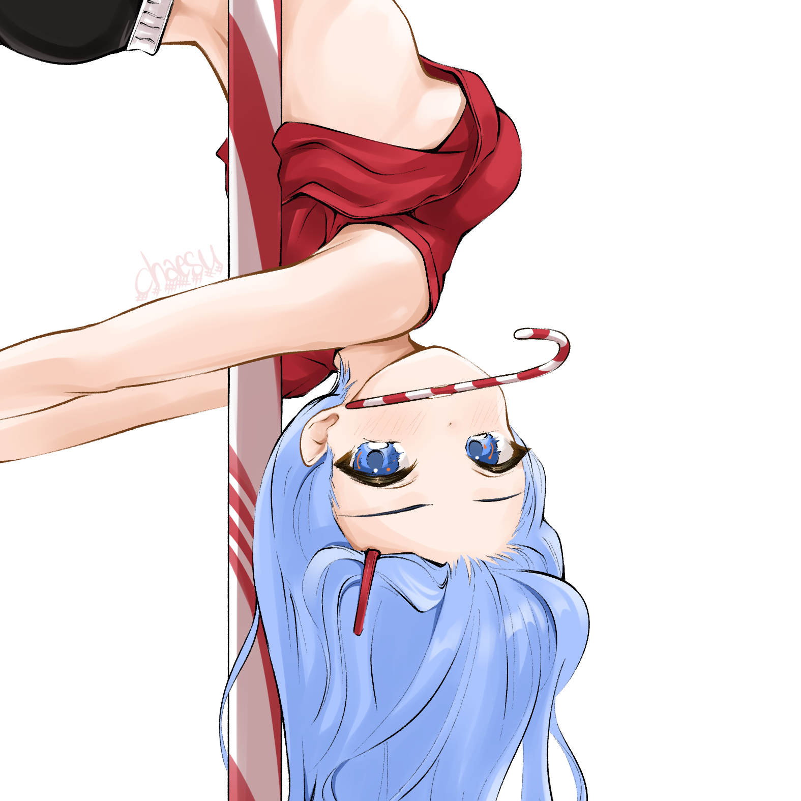 Anime 1575x1575 blue hair blue eyes anime anime girls Christmas candy cane upside down no bra lifting shirt underboob Chaesu