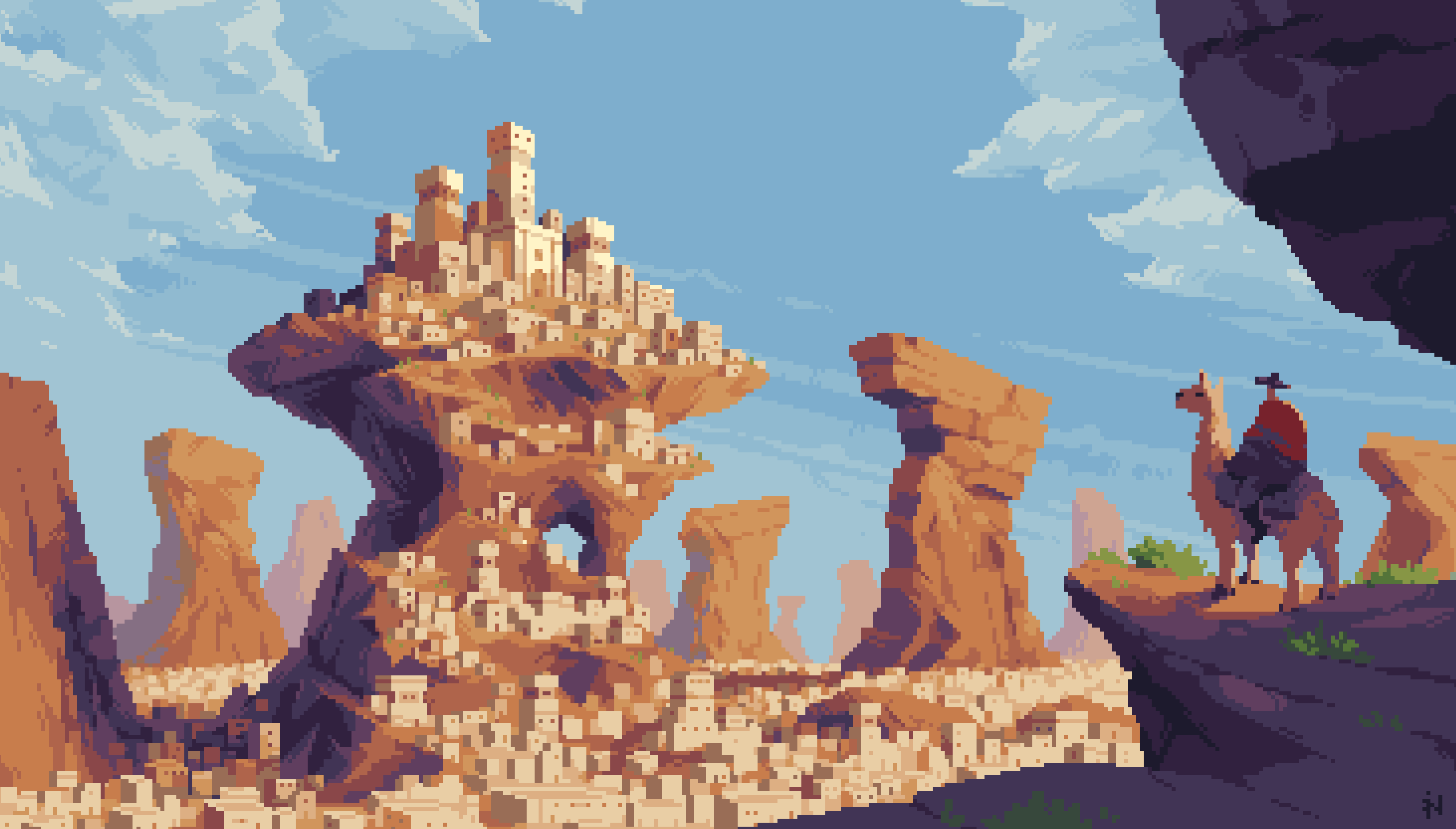 General 2560x1457 digital art pixel art pixelated pixels llamas mountains rocks rock formation cowboy village tower house