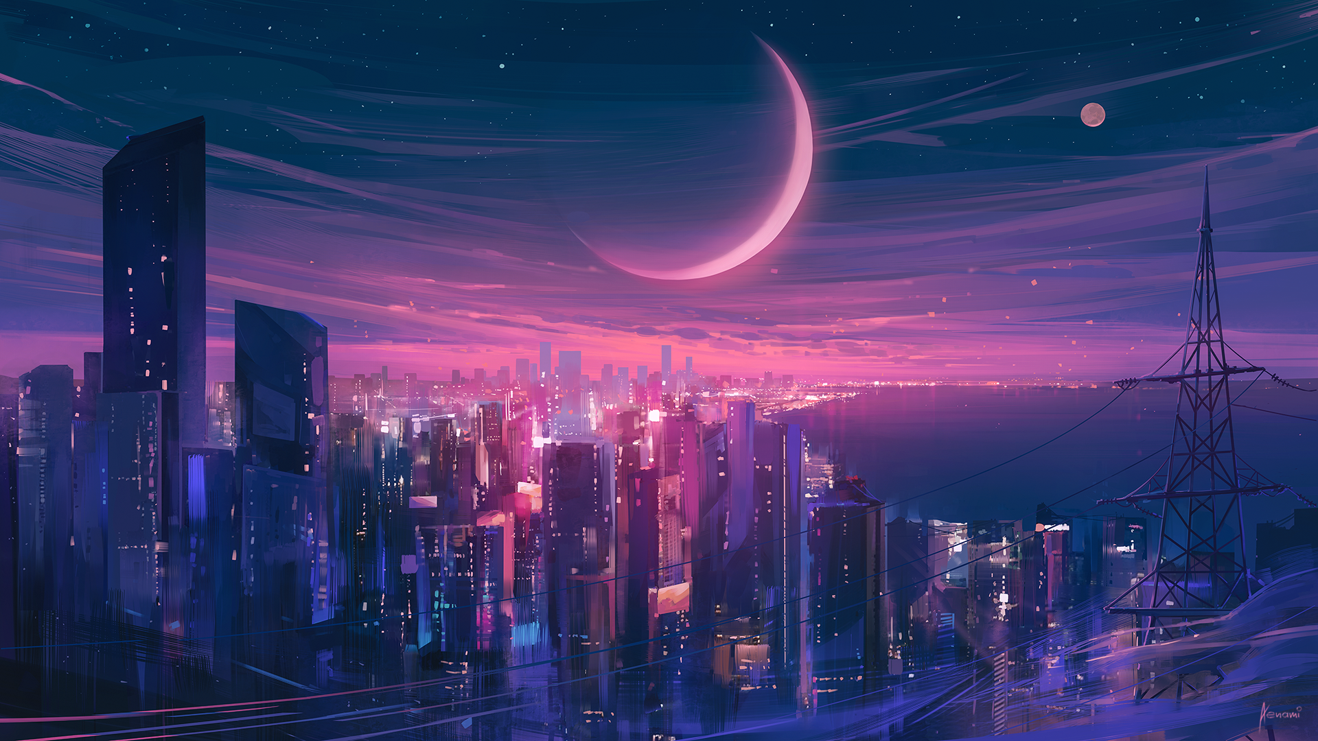 General 1920x1080 digital art cityscape night Moon sky Aenami