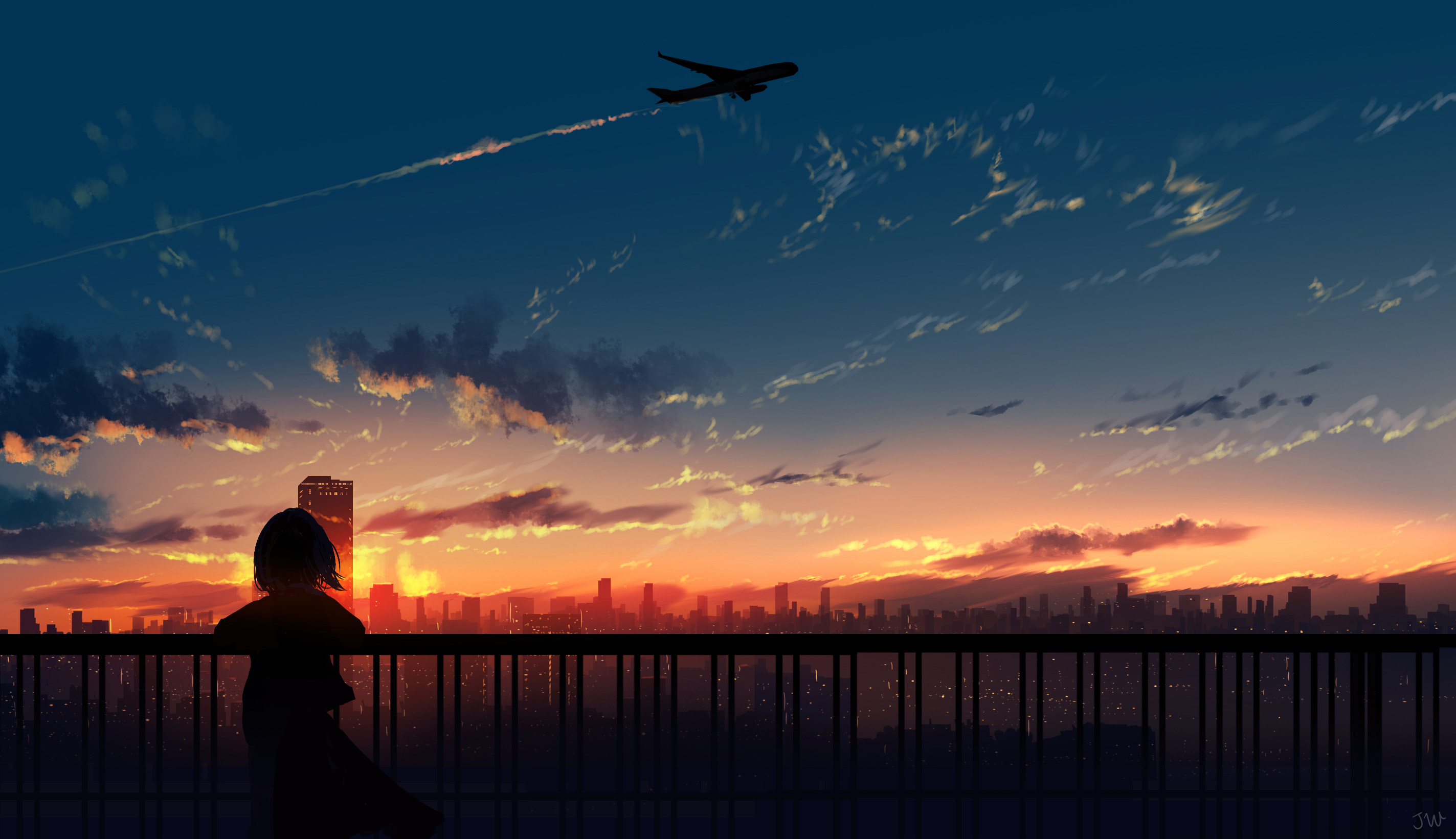 Anime 2847x1641 anime anime girls HuashiJW clouds fence airplane cityscape moescape