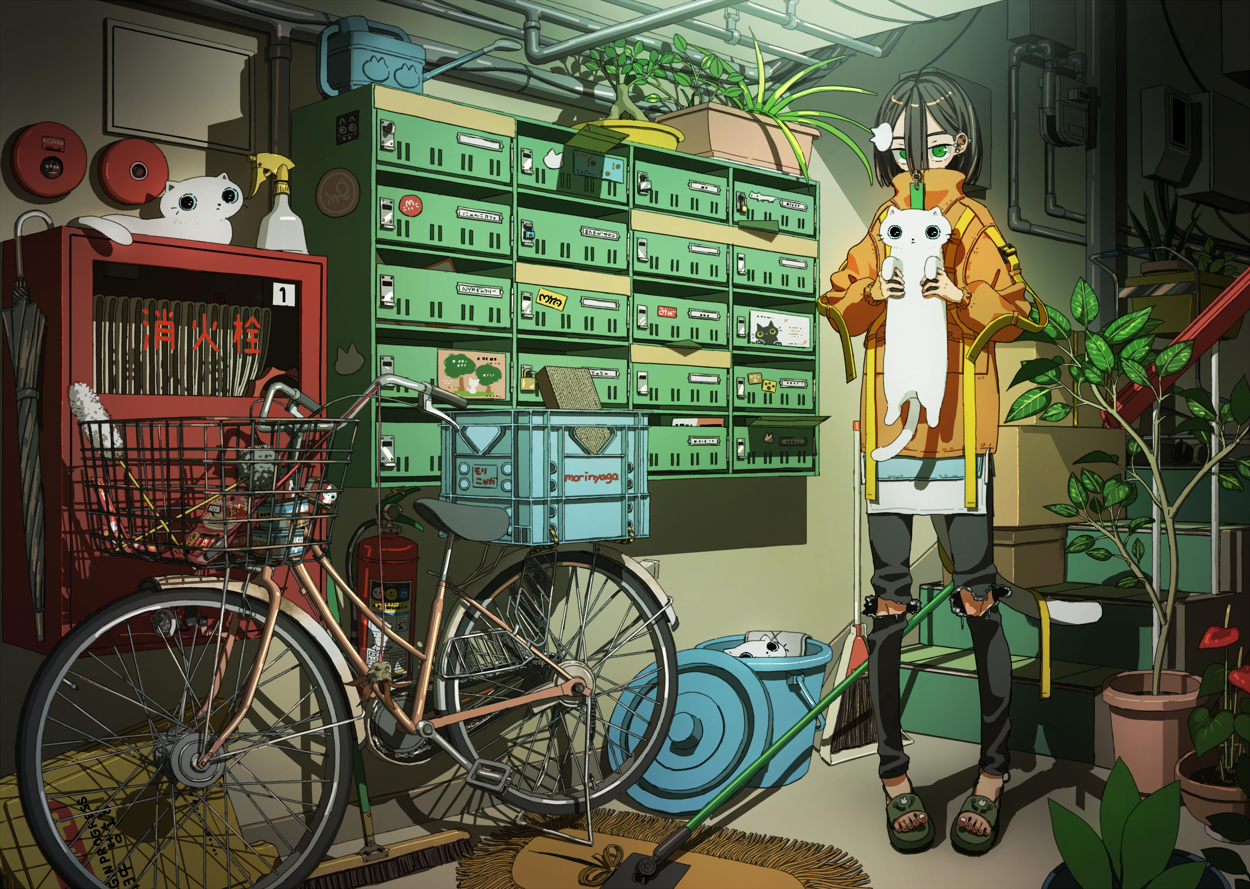 Anime 2500x1778 anime anime girls dark hair short hair flowerpot flowers umbrella pipes mailbox stairs bucket broom fire extinguishers green eyes tail jacket ribbon boxes bicycle Pixiv vehicle women with bicycles plants