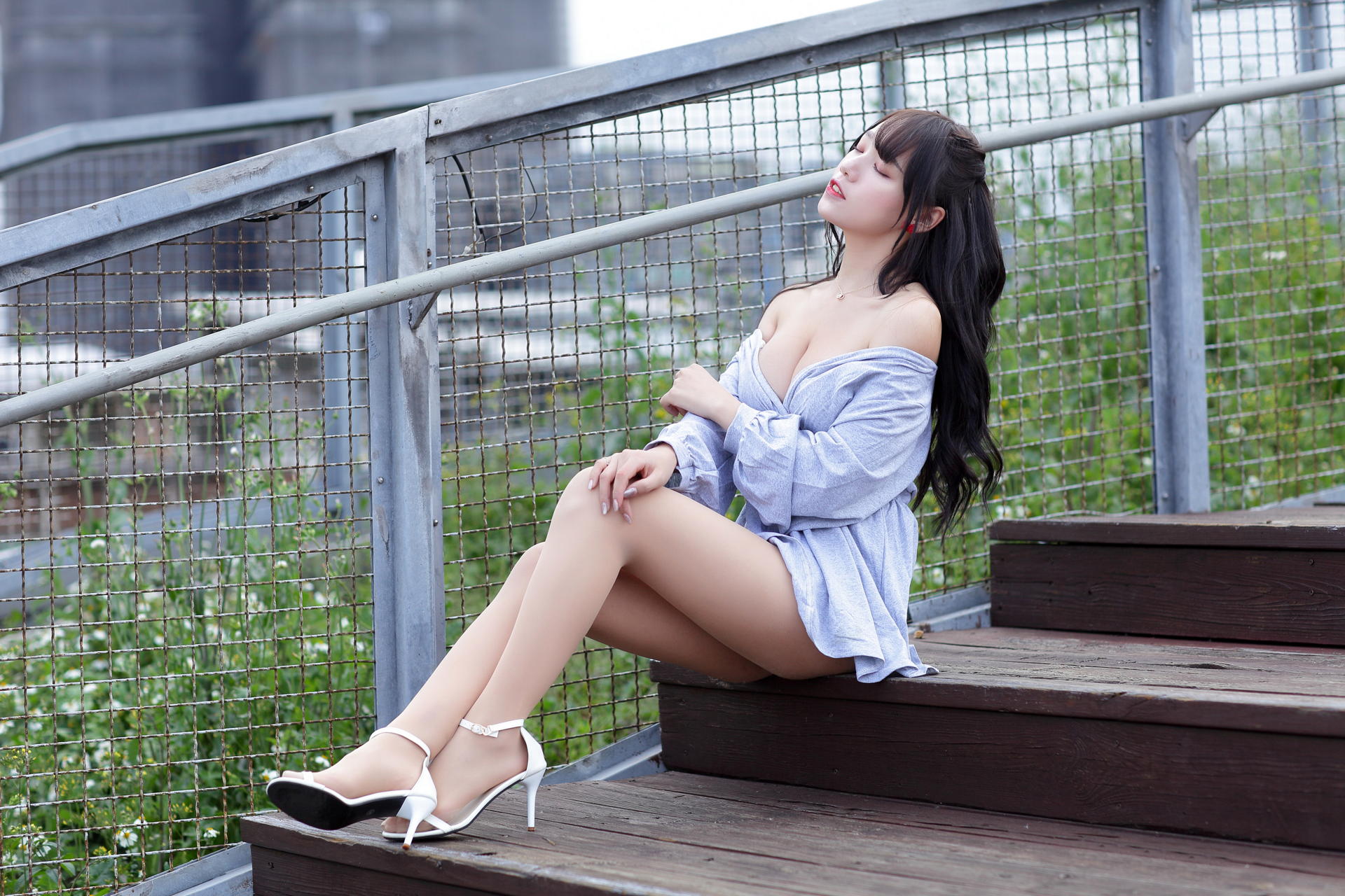 People 1920x1280 Asian model women long hair dark hair minidress white heels sitting stairs railing bushes depth of field nylons earring necklace sensual gaze heels women outdoors urban legs