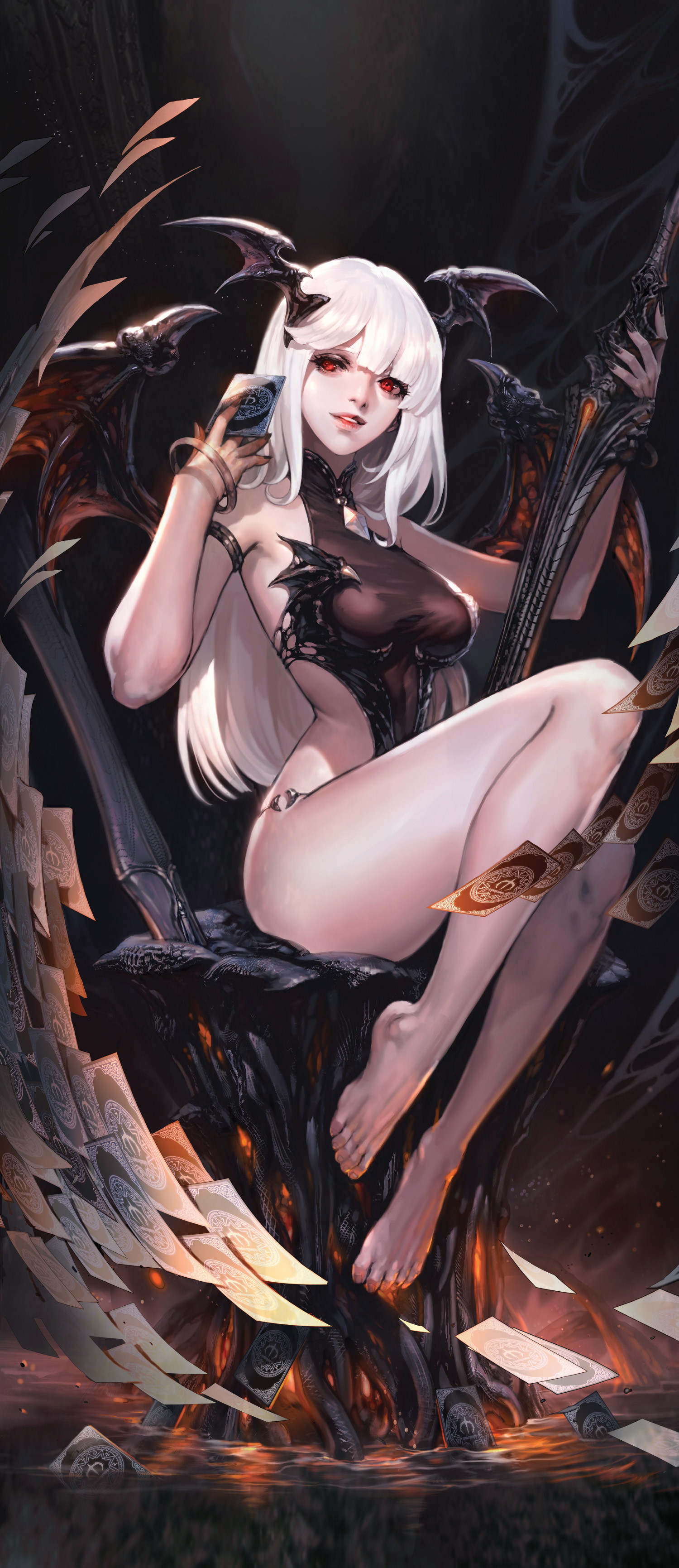General 1500x3462 Nessi drawing women blonde long hair wings bodysuit throne weapon sword fantasy art red eyes big boobs