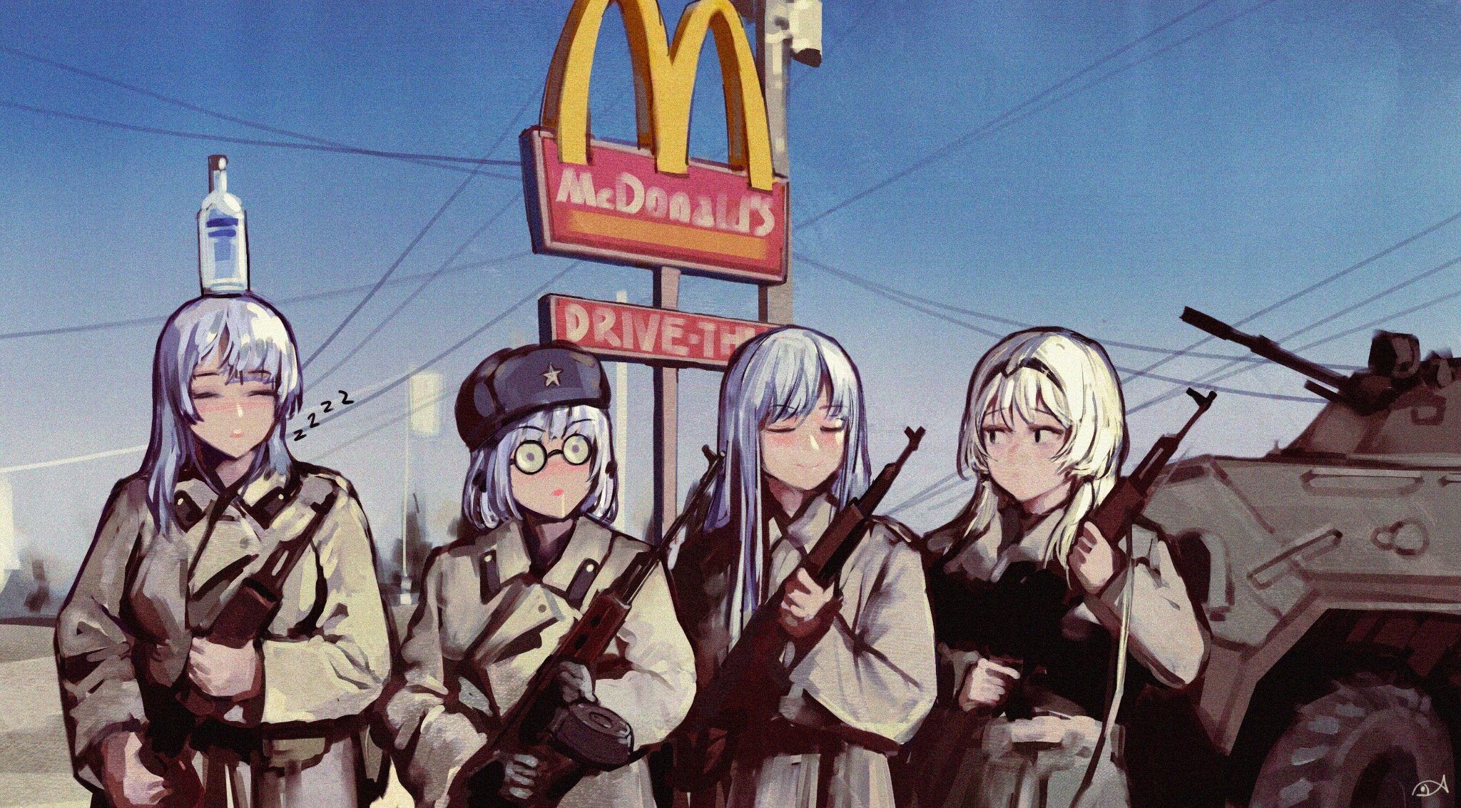 Anime 2048x1133 anime girls WestKing Girls Frontline AK-12 (Girls Frontline) AK-15 (Girls Frontline) AN-94 (Girls' Frontline) RPK-16 (Girls Frontline) BTR-80 vehicle military uniform military vehicle weapon vodka ushanka parody McDonald's line-up women quartet group of women