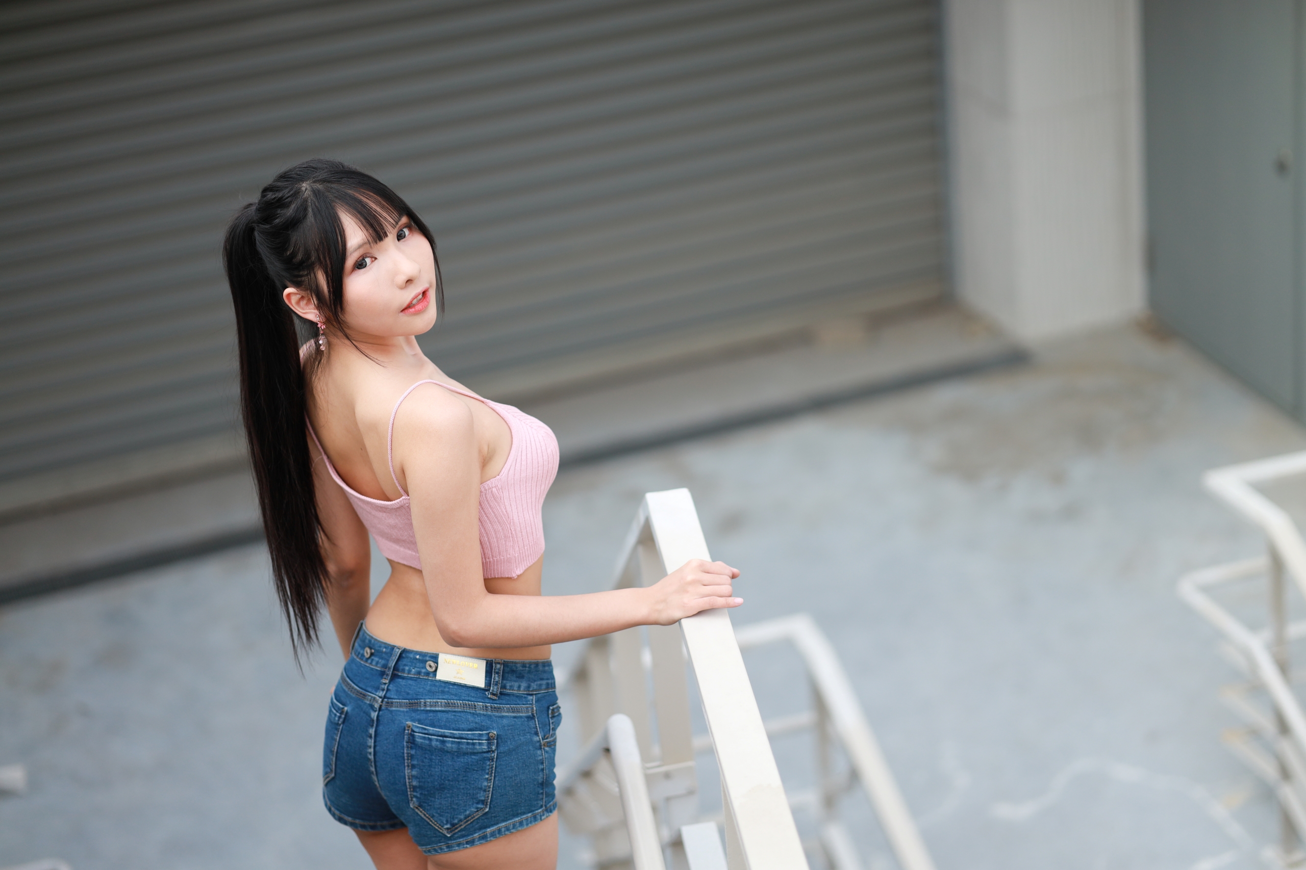People 2560x1707 Vicky (Asian model) women model brunette Asian ponytail bangs looking at viewer parted lips pink tops short shorts jean shorts portrait outdoors women outdoors Chinese Chinese model arched back looking back