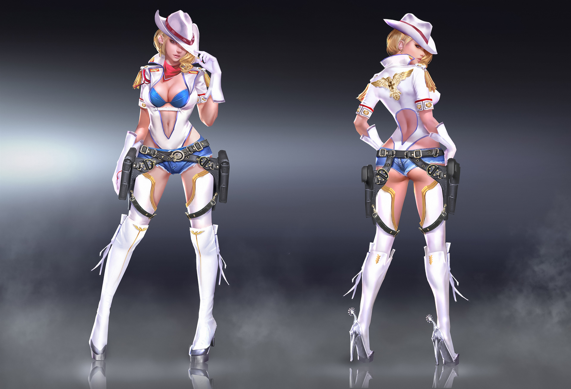 General 1920x1308 Ares (artist) drawing women cowgirl hat blonde skimpy clothes holster weapon thigh high boots concept art