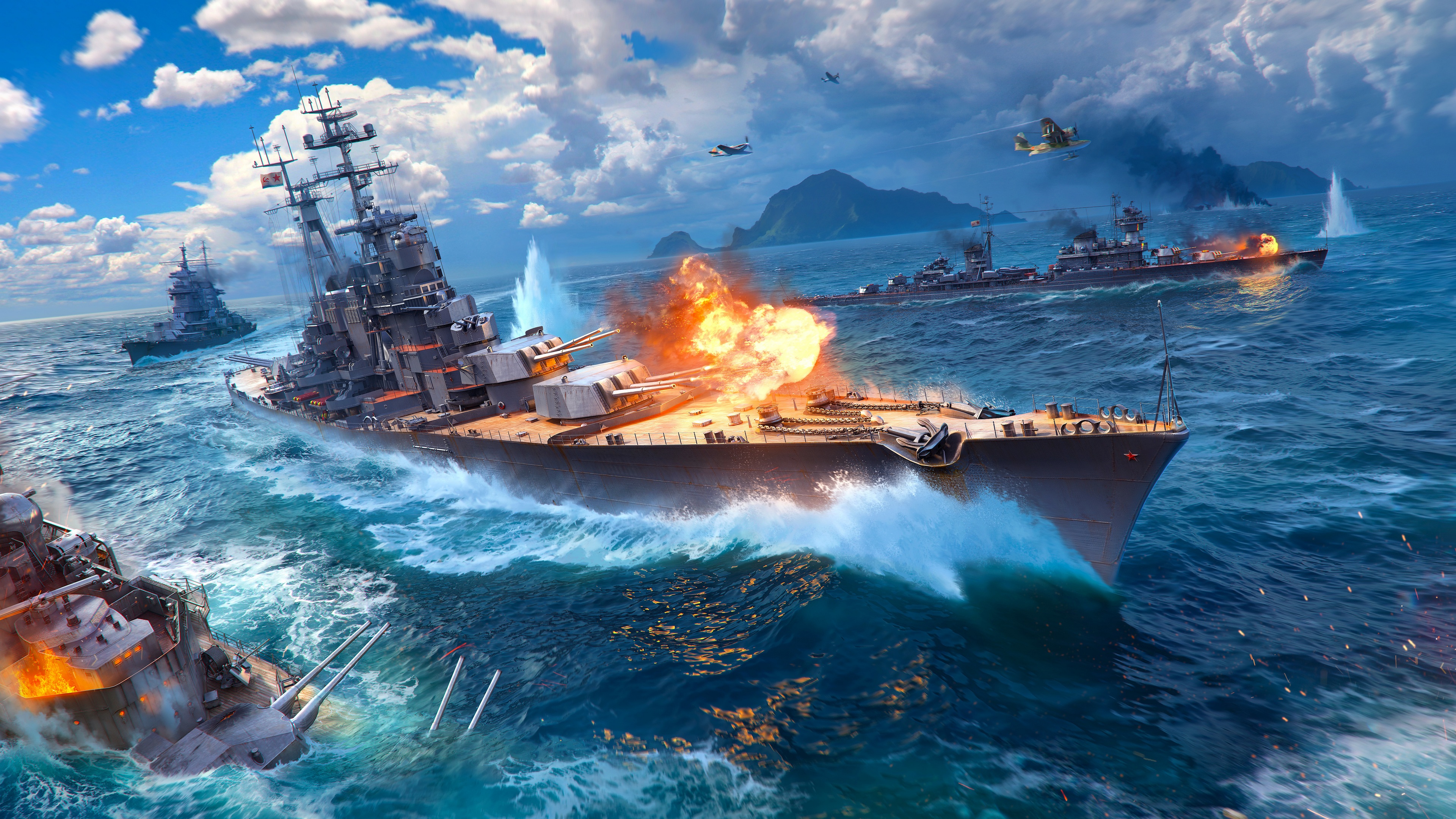 General 3840x2160 World of Warships  sea Battleship video games World War II PC gaming video game art ship ocean battle
