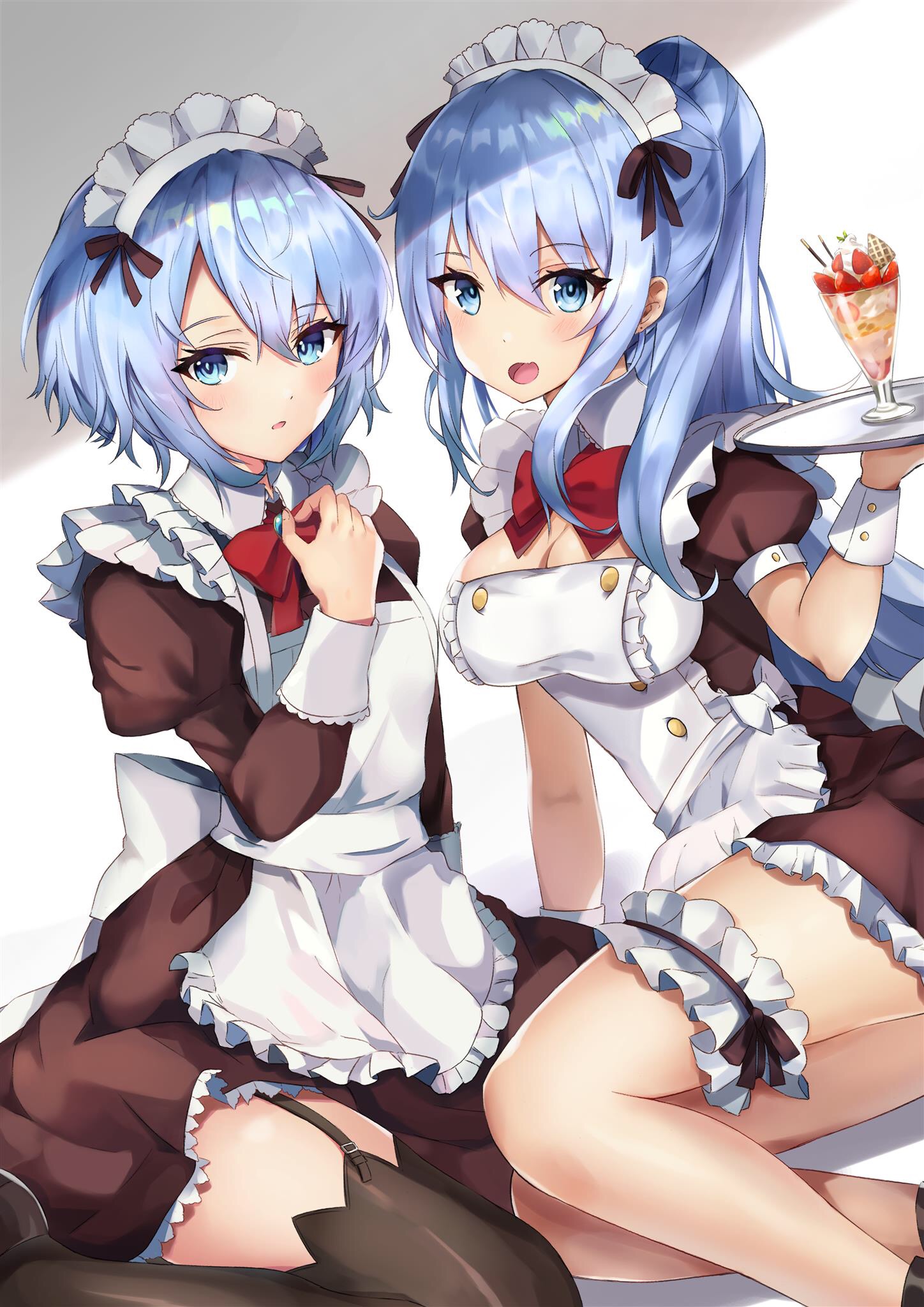 Anime 1448x2048 anime anime girls original characters twins artwork digital art fan art blue hair maid outfit maid sweets