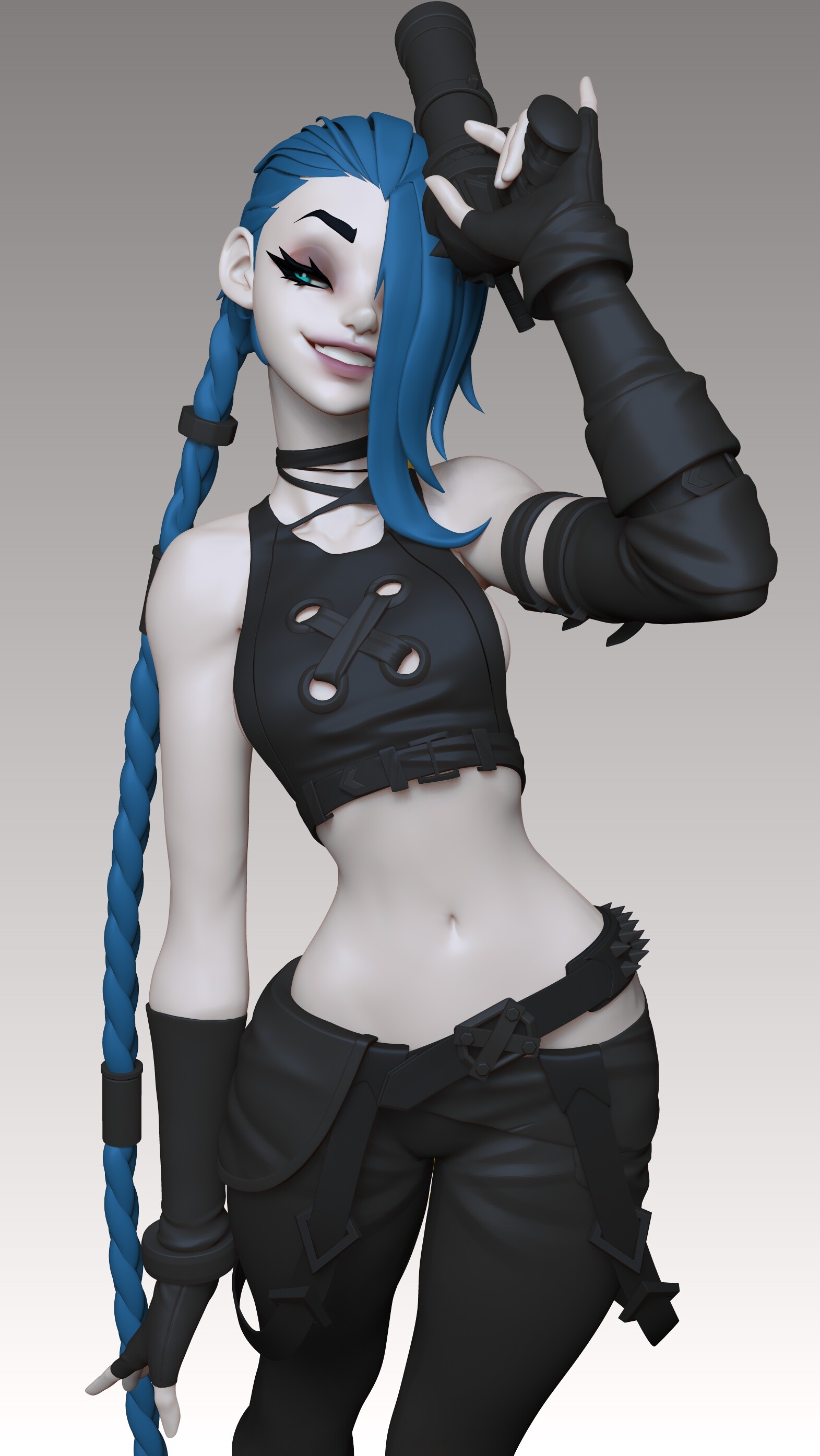 General 1571x2790 Jinx (League of Legends) League of Legends blue hair smiling video game characters belly belly button