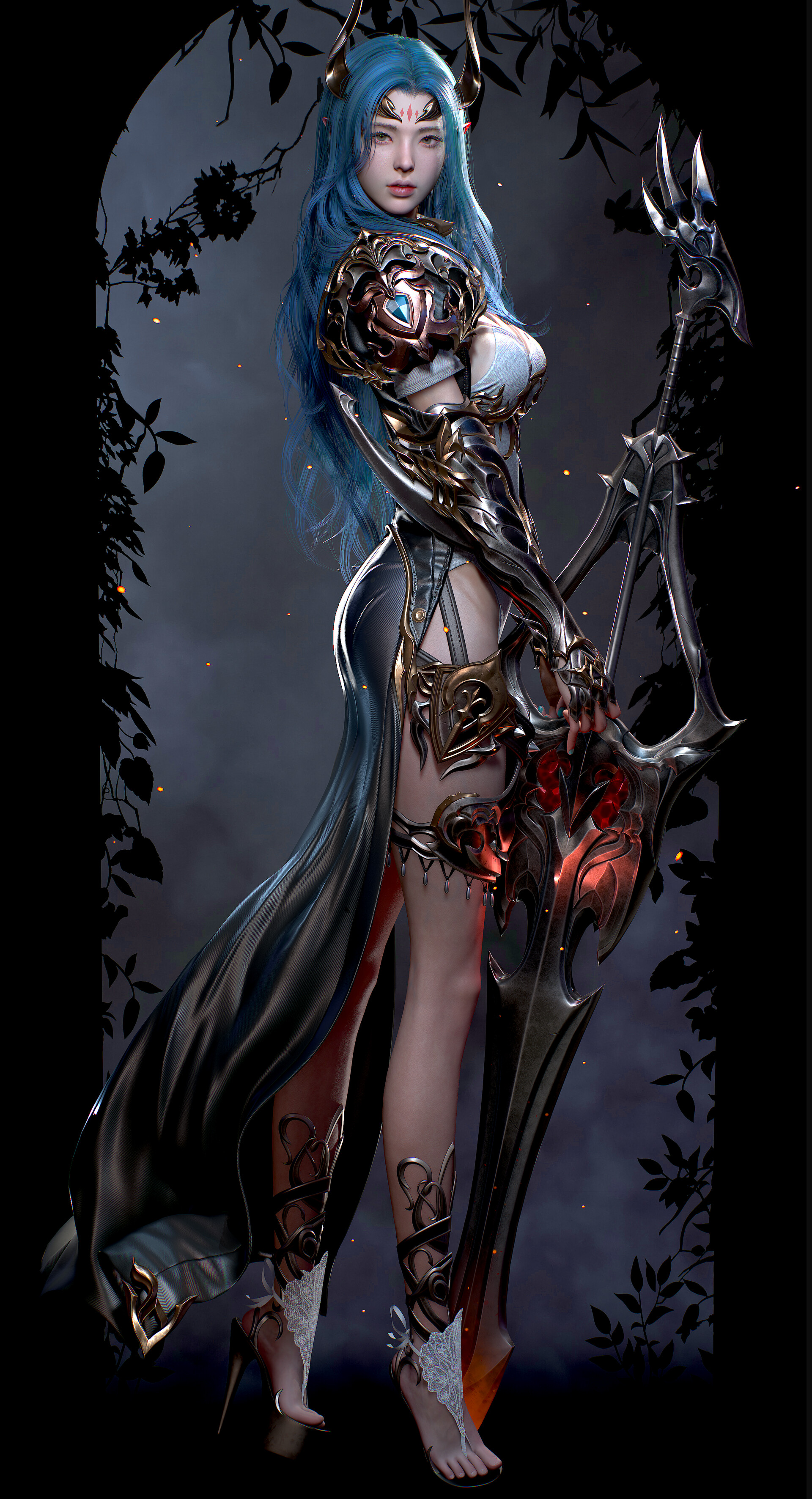 General 1920x3544 Nyl CGI women blue hair long hair dress shoes high heels fantasy art doorways weapon elves knight