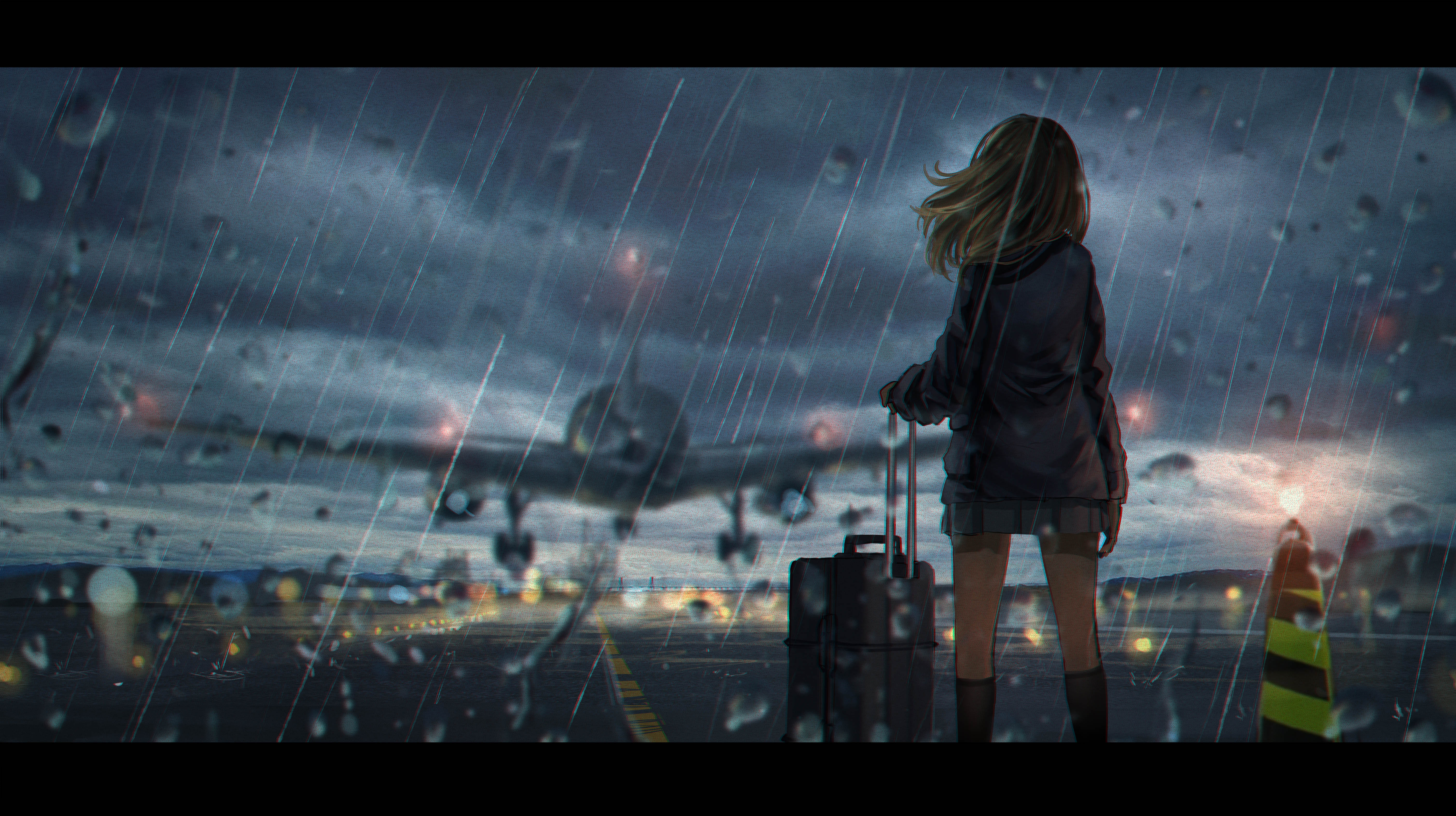 Anime 5616x3150 anime anime girls airplane rain school uniform water