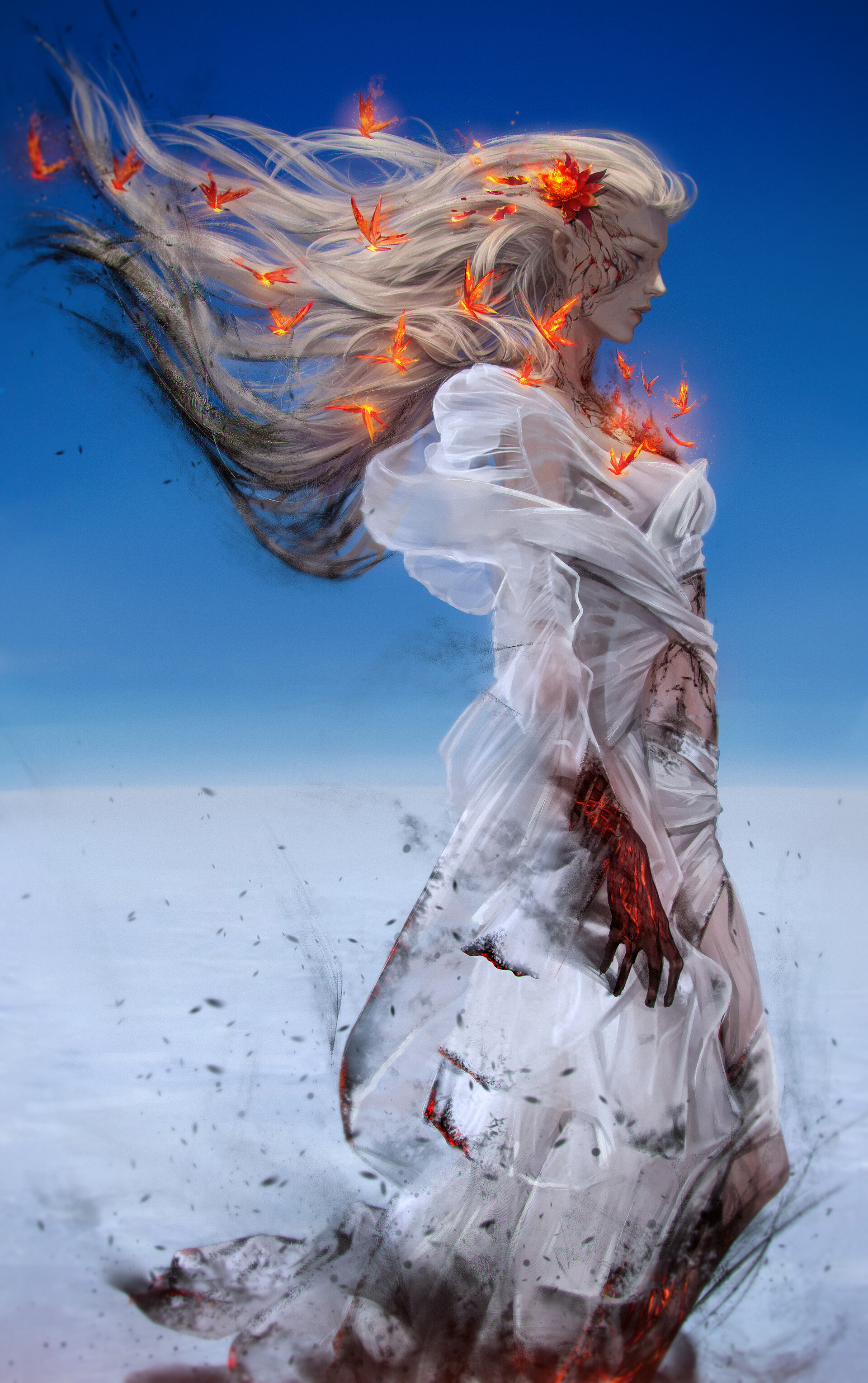 General 1920x3058 Olga Petuhova digital art digital painting artwork long hair clouds burning women