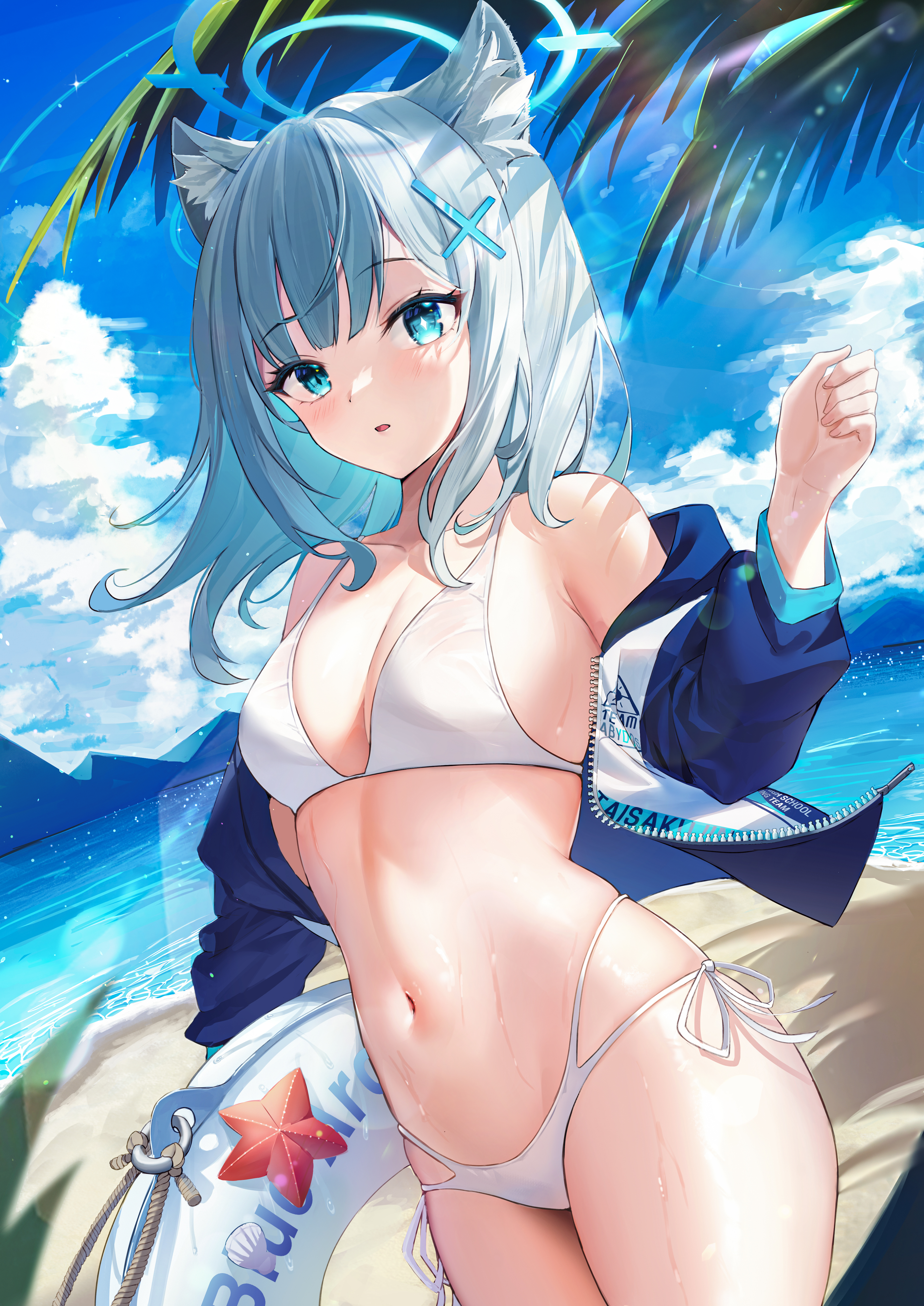 Anime 3508x4961 anime anime girls Shiroko (Blue Archive) Blue Archive bikini beach floater sand water blue eyes