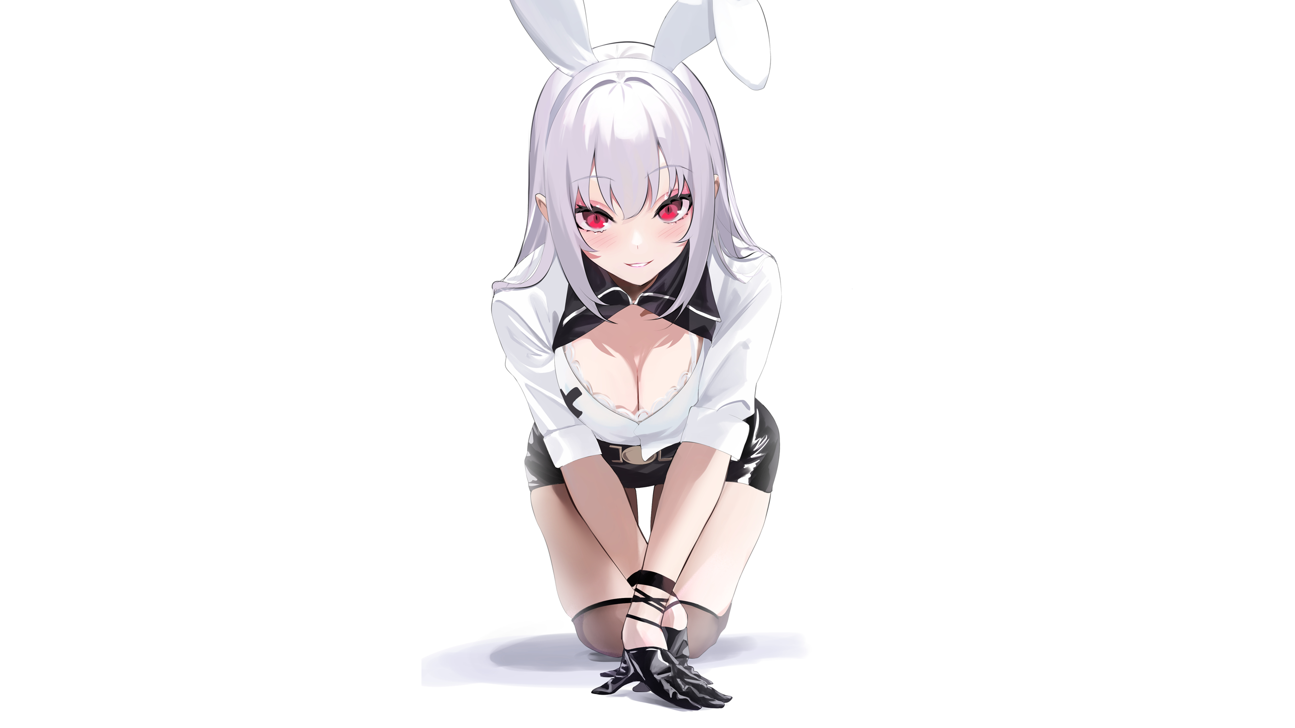 Anime 2560x1440 anime anime girls simple background bunny girl bunny ears cleavage boobs thighs miniskirt blushing Spider Apple white background red eyes frontal view bent over kneeling smiling