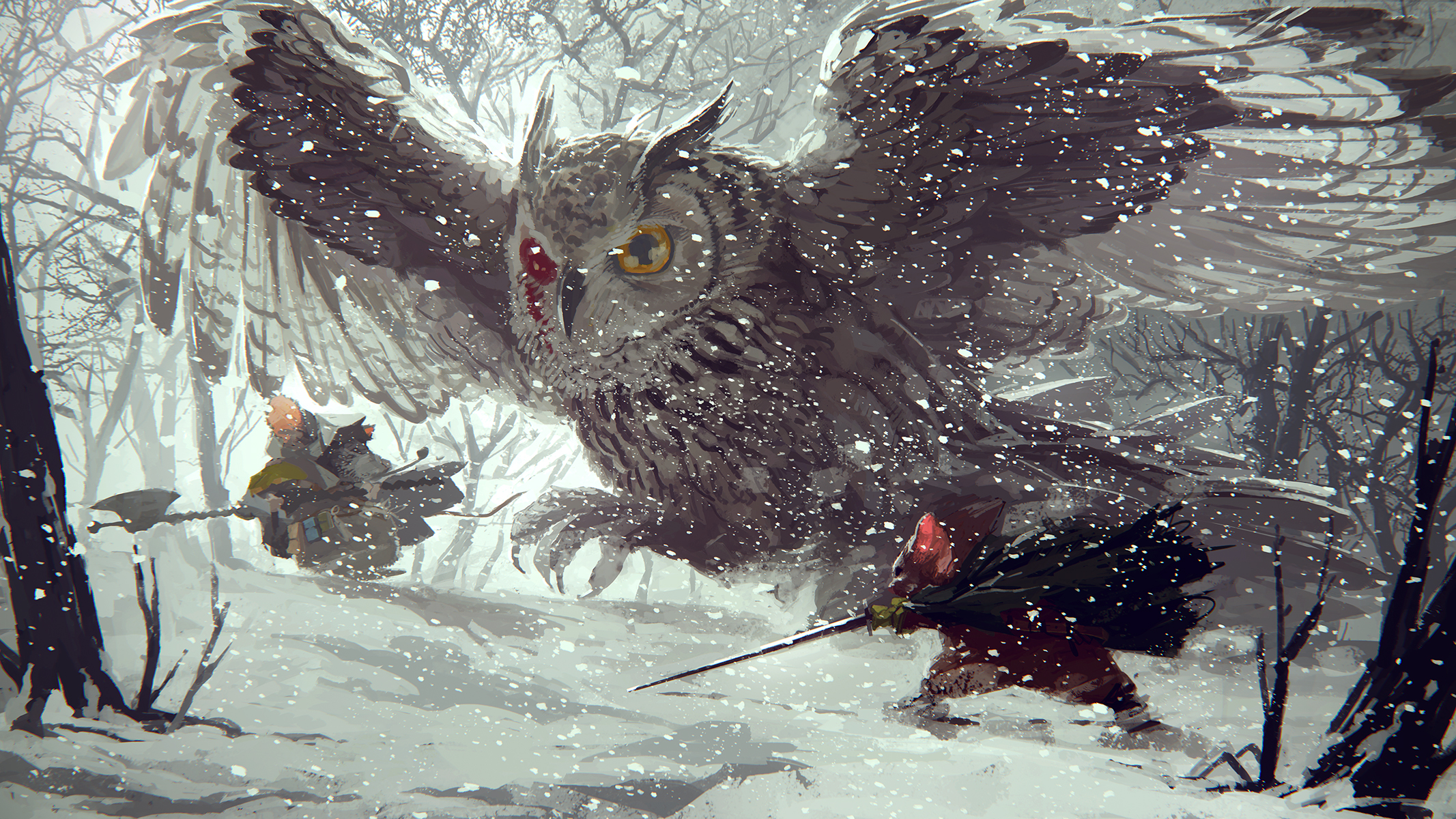 General 2133x1200 digital art fantasy art mice winter snow trees forest sword owl