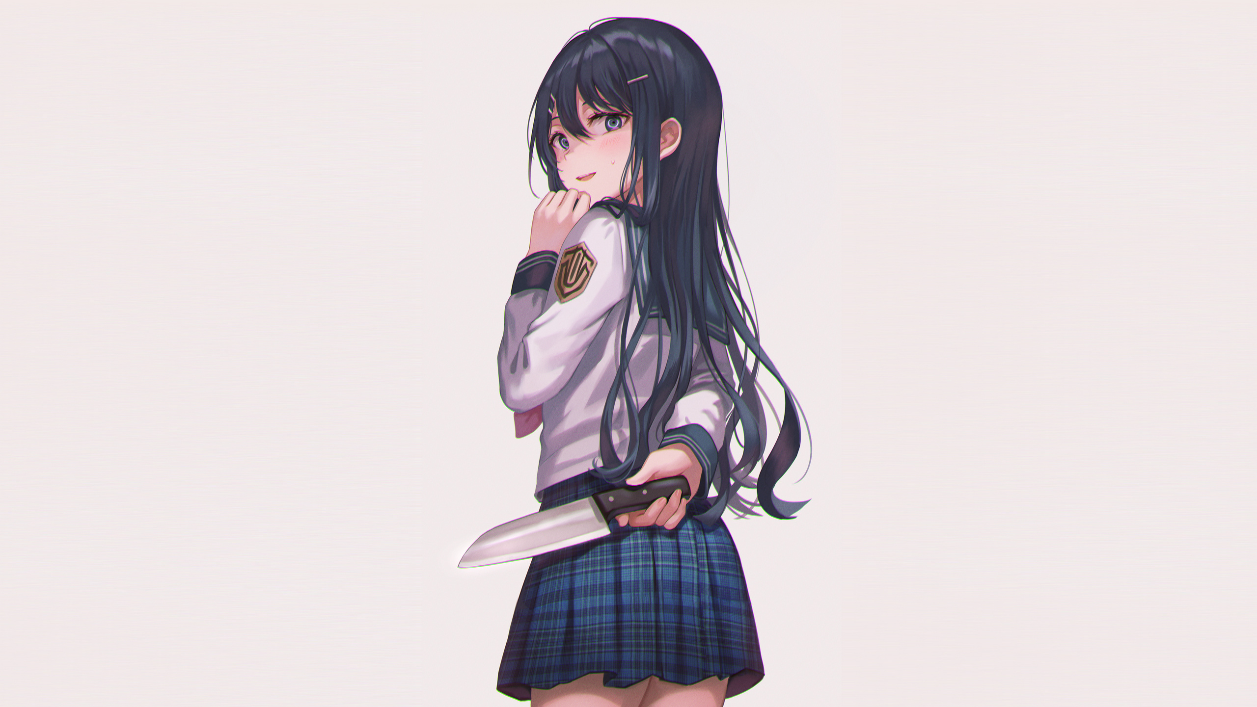 Anime 2560x1441 knife blushing skirt anime anime girls yandere school uniform blue eyes dark hair Maizono Sayaka  Danganronpa artwork Tokkyu (artista)