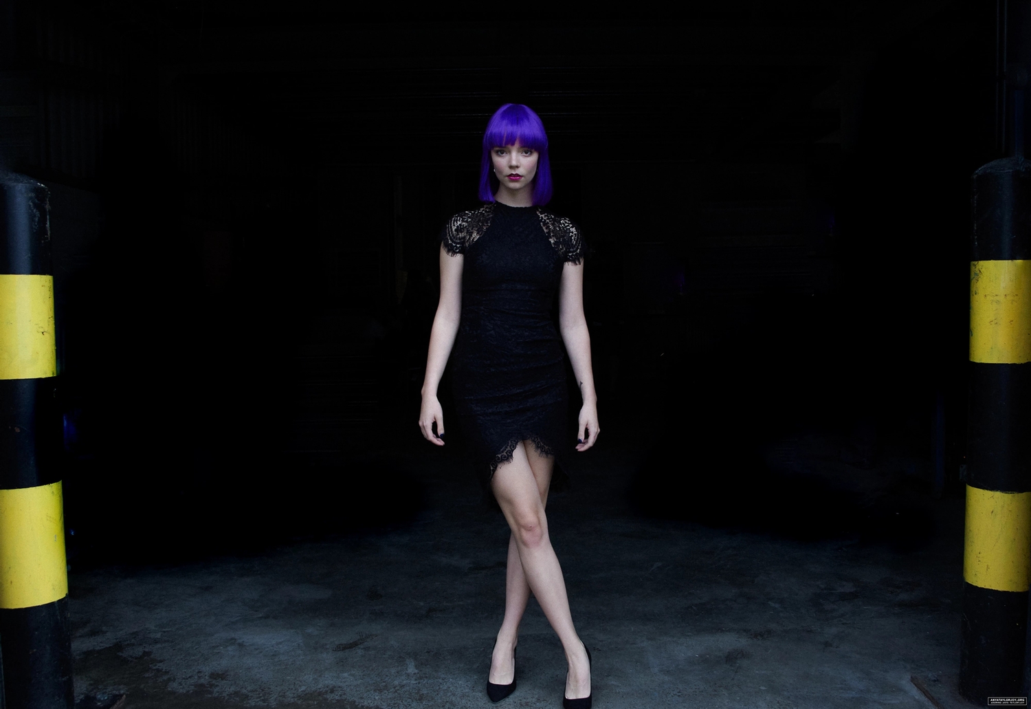 People 1500x1031 Anya Taylor-Joy  women actress purple hair black dress legs heels indoors frontal view movies