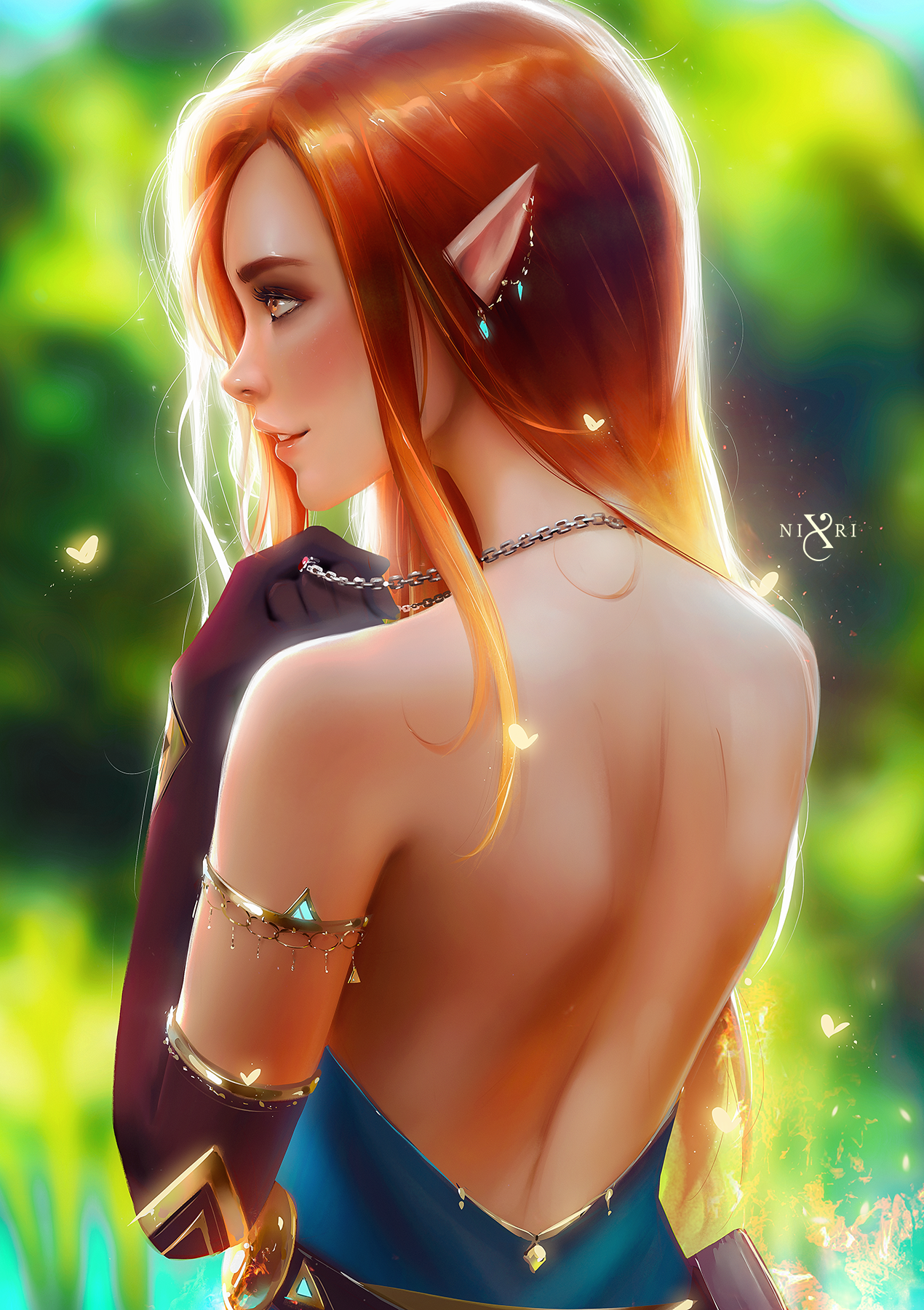 General 1270x1800 Nixri drawing women elves redhead pointy ears smiling looking away dress bare shoulders elbow gloves bright butterfly fantasy art jewelry