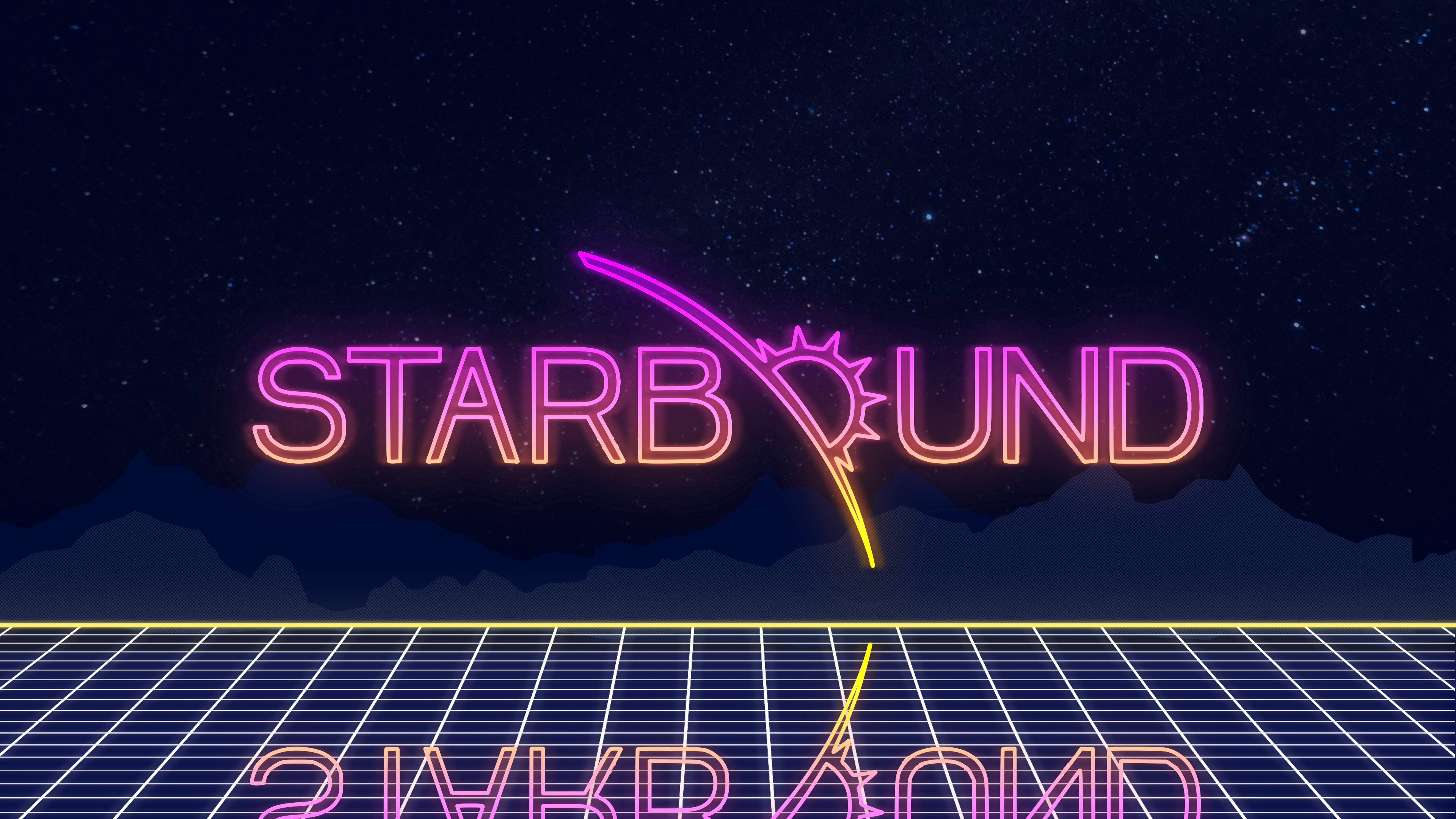 General 3840x2160 Starbound neon OutRun grid stars mountains typography glowing