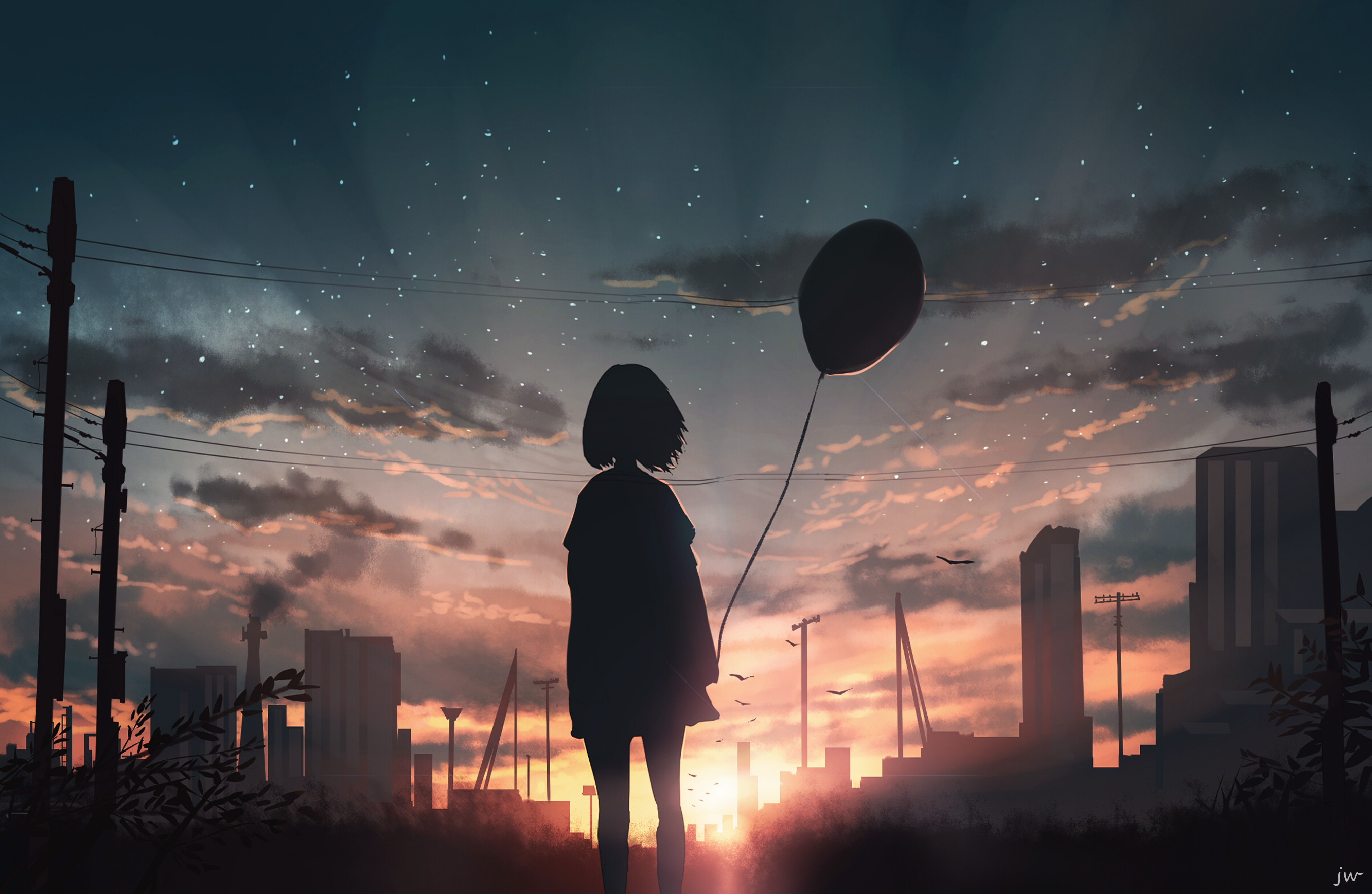 Anime 2705x1763 anime cityscape anime girls balloon sky sunlight dark outdoors stars