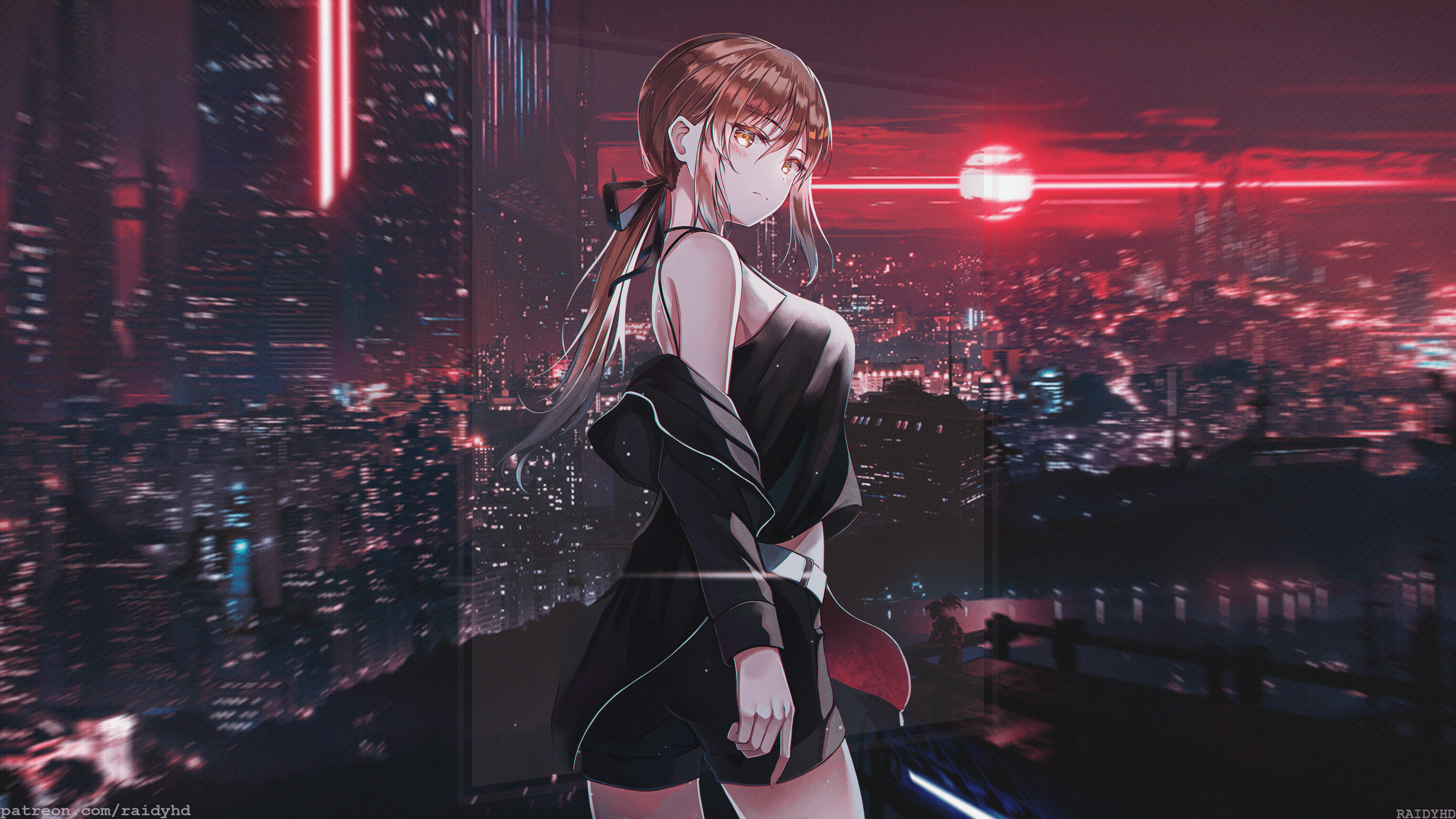 Anime 3840x2160 anime anime girls picture-in-picture brunette city lights shorts ponytail