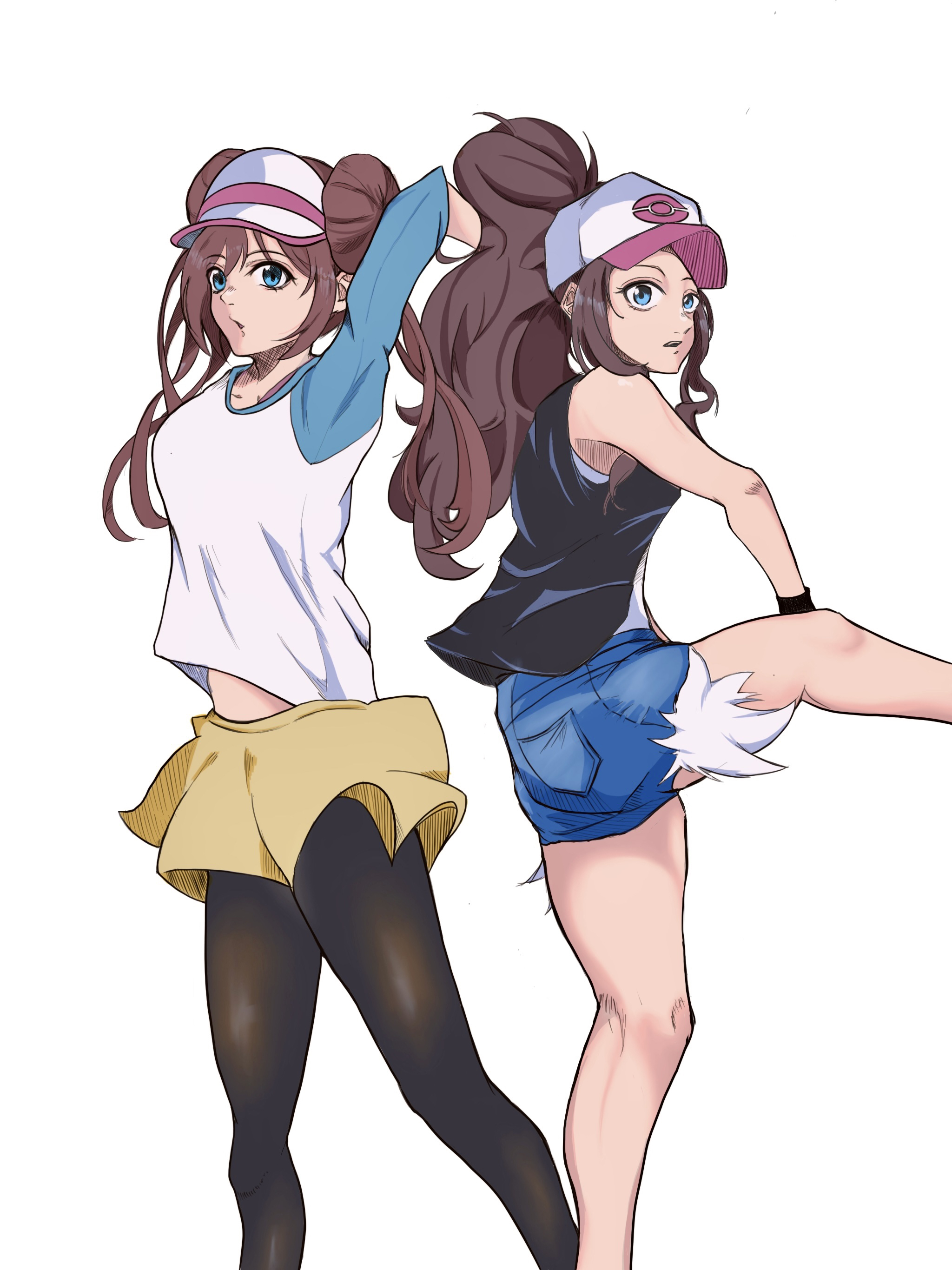Anime 2048x2732 anime anime girls Pokémon Rosa (Pokémon) Hilda (Pokémon) long hair twintails ponytail brunette two women artwork digital art fan art hat