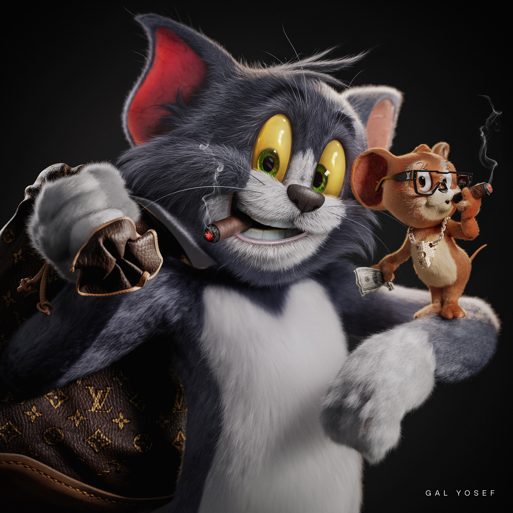 General 1750x1750 artwork digital art Tom and Jerry Gal Yosef cats mice cartoon cigars smoking looking at viewer