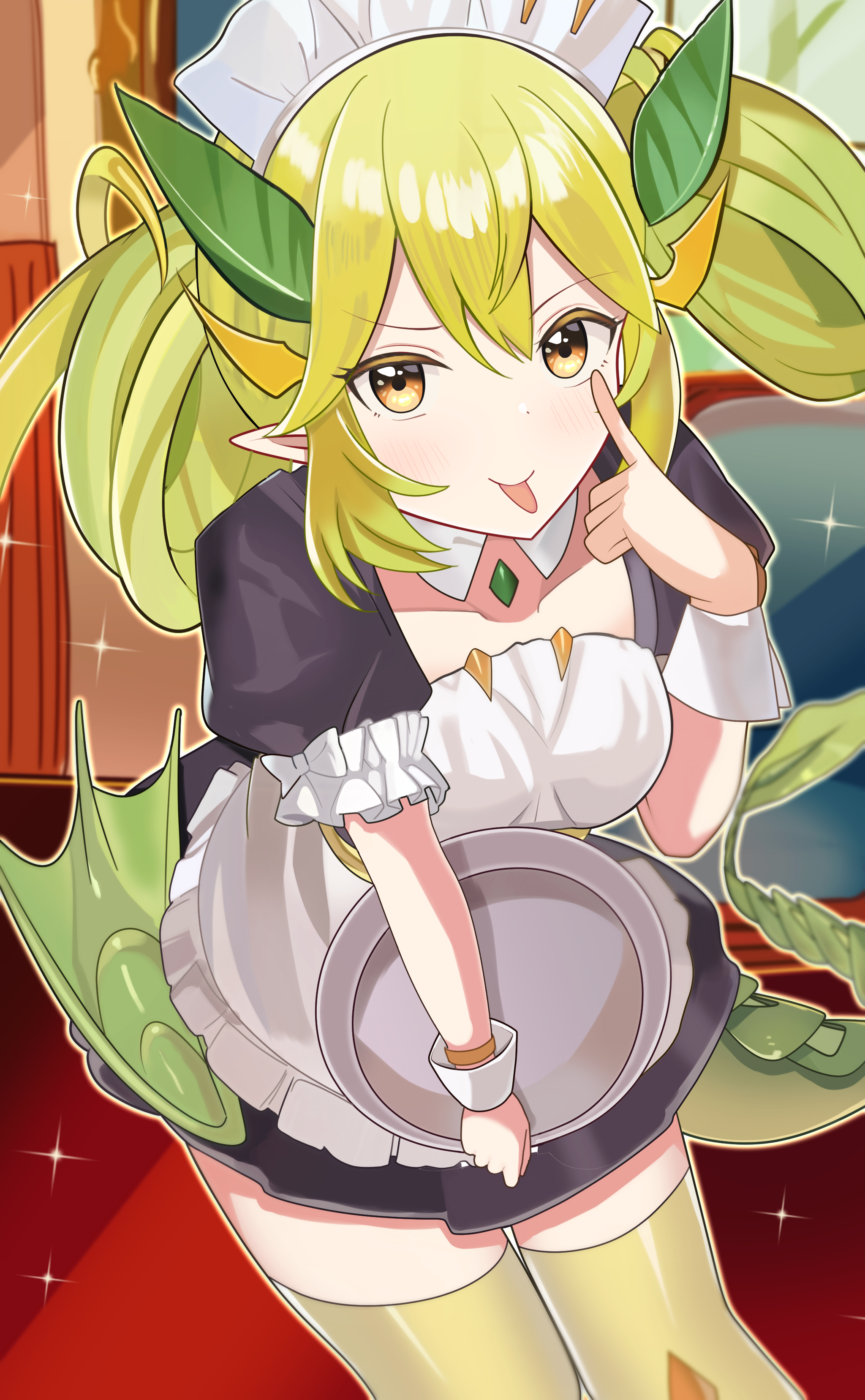 Anime 2048x3314 anime anime girls Trading Card Games Yu-Gi-Oh! Parlor Dragonmaid twintails green hair maid maid outfit solo artwork digital art fan art tongue out